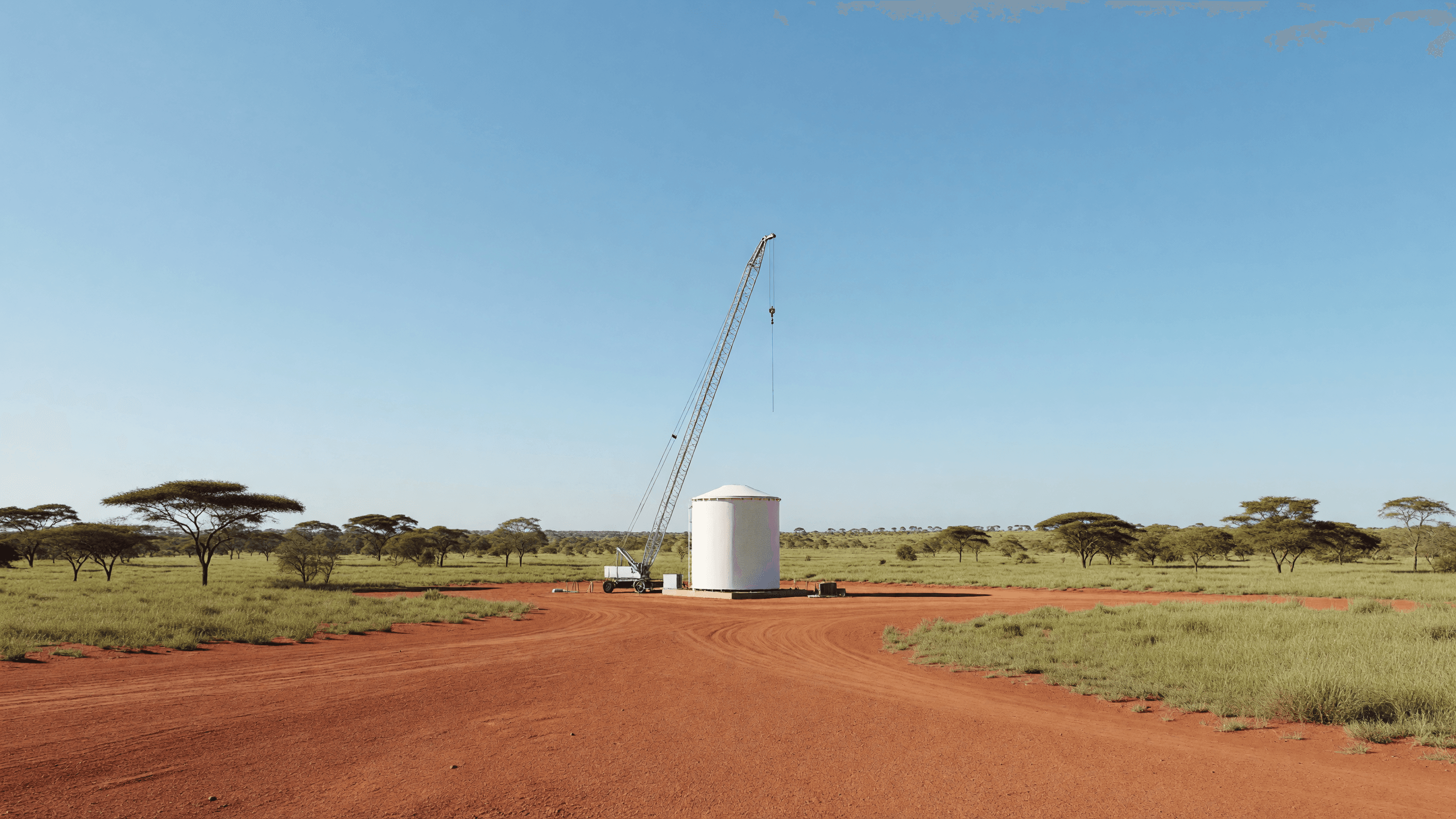 A small modular reactor containment module under construction beside a tall crane at the Pelindaba nuclear research complex on the South African highveld, representing the continent's SMR buildout. Illustration: NNN