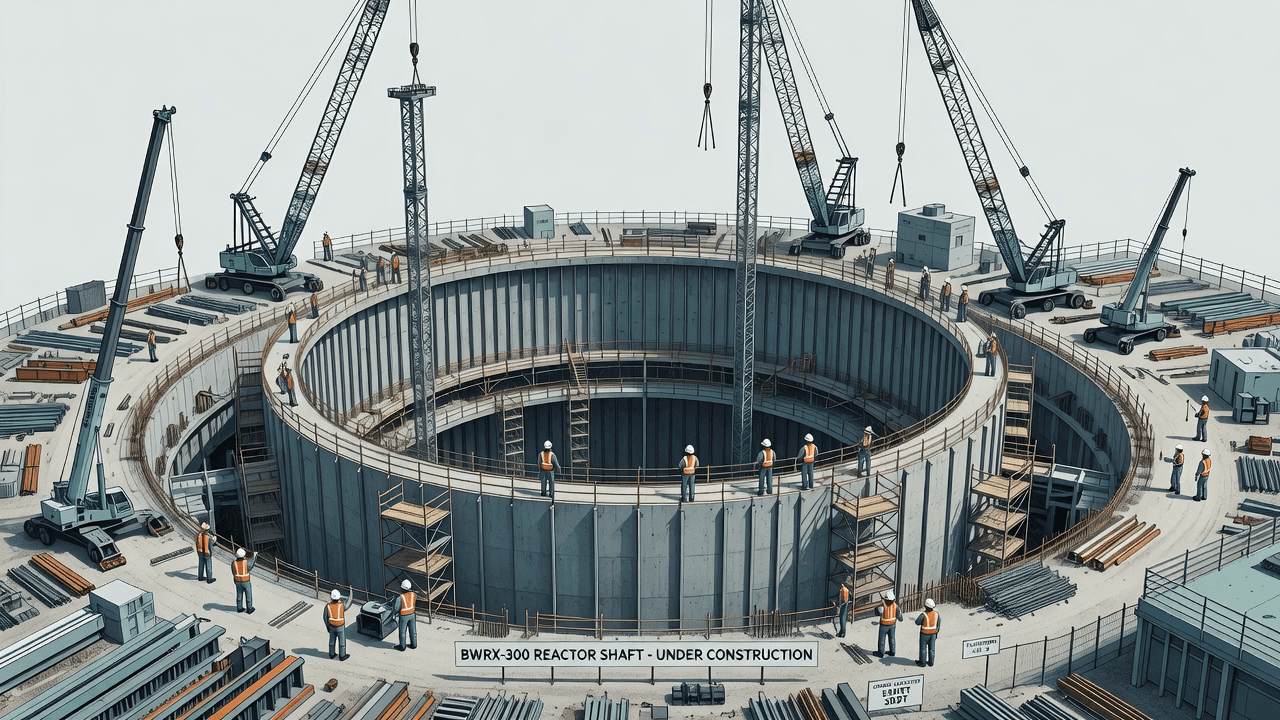 The excavated circular reactor building shaft at a BWRX-300 construction site, cranes and workers for scale. Illustration: NNN