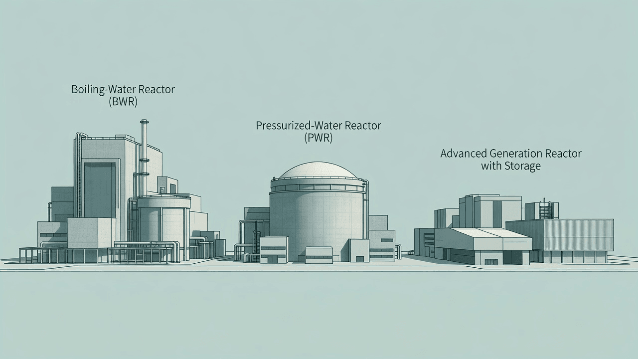 Three reactor buildings side by side — a boiling-water design, a domed pressurized-water containment, and a storage-flanked advanced plant. Illustration: NNN