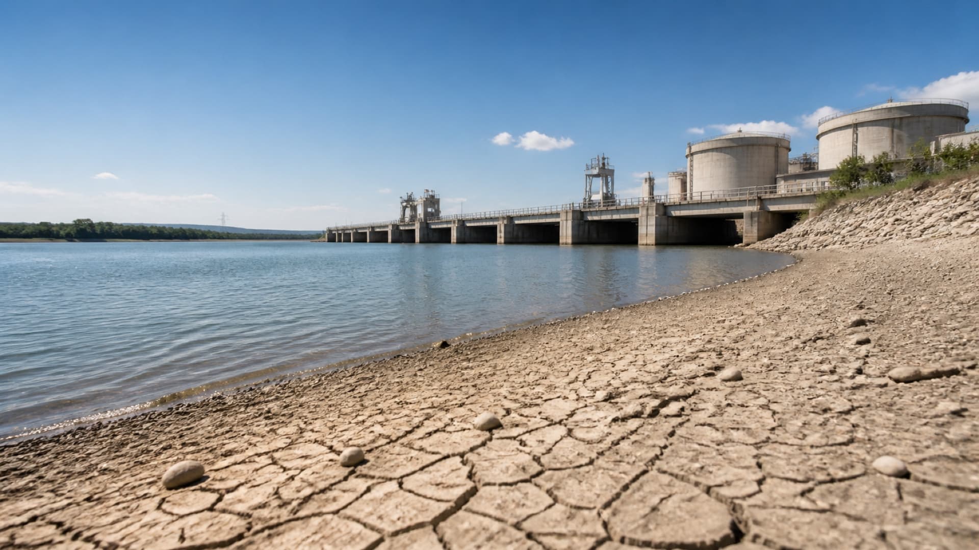 The Cernavoda Nuclear Power Plant beside the drought-hit Danube, illustrating Romania's controlled shutdown of both reactors. Illustration: NNN