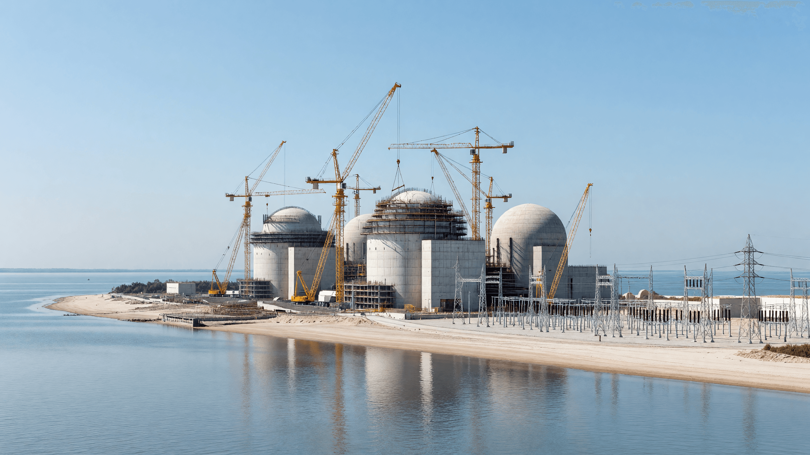 A Chinese coastal nuclear power plant with several reactor containment domes under construction beside a calm sea, representing China's approval of eight new reactors. Illustration: NNN