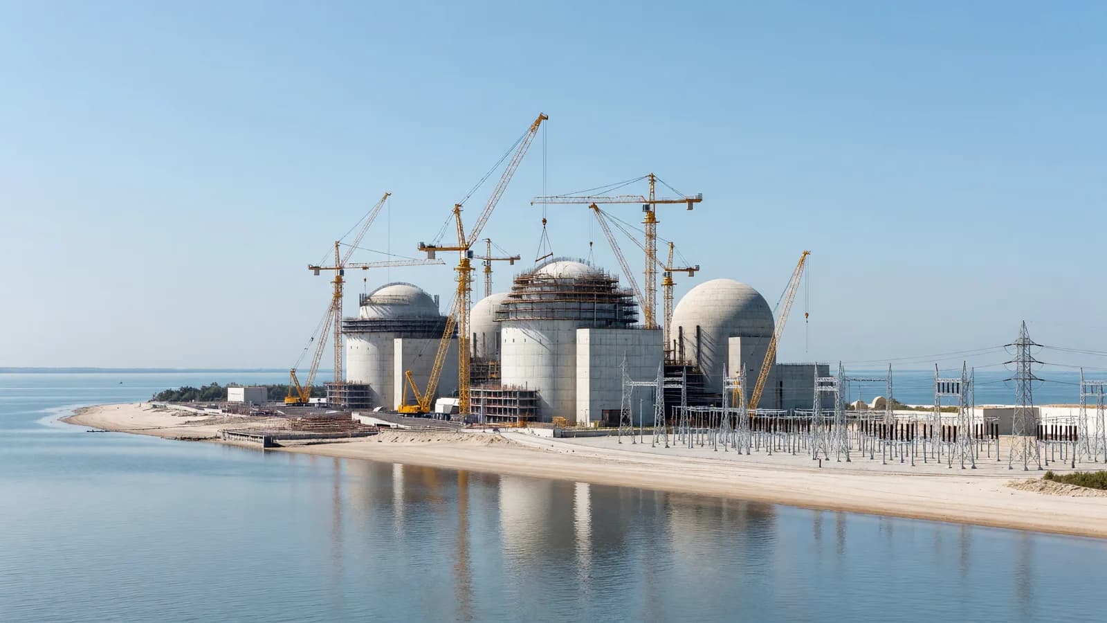 A Chinese coastal nuclear power plant with several reactor containment domes under construction beside a calm sea, representing China's approval of eight new reactors. Illustration: NNN