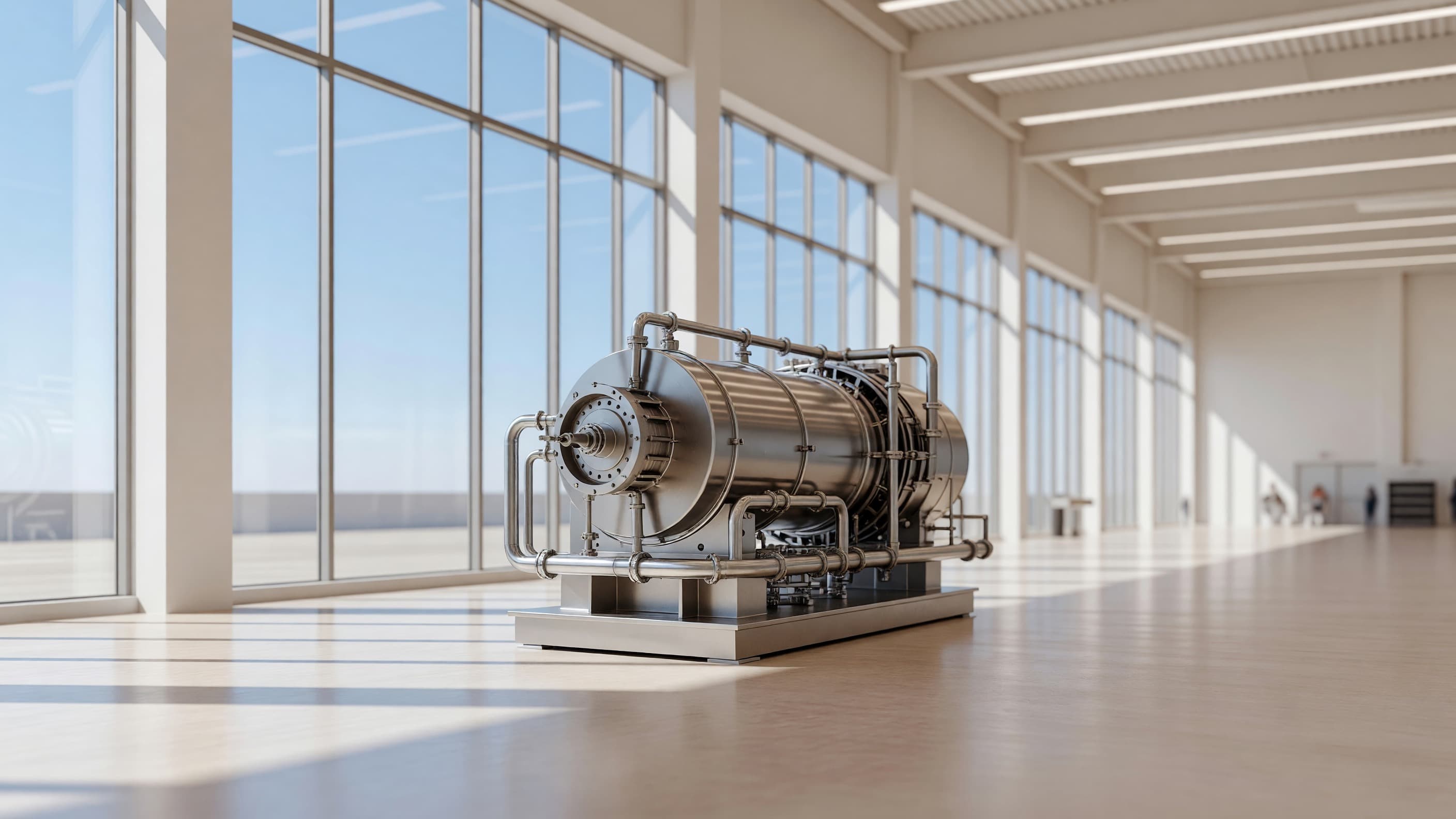 A gleaming stainless-steel helium turbine on its test stand in a bright sunlit hall, representing CNNC's helium turbine test facility hot testing. Illustration: NNN