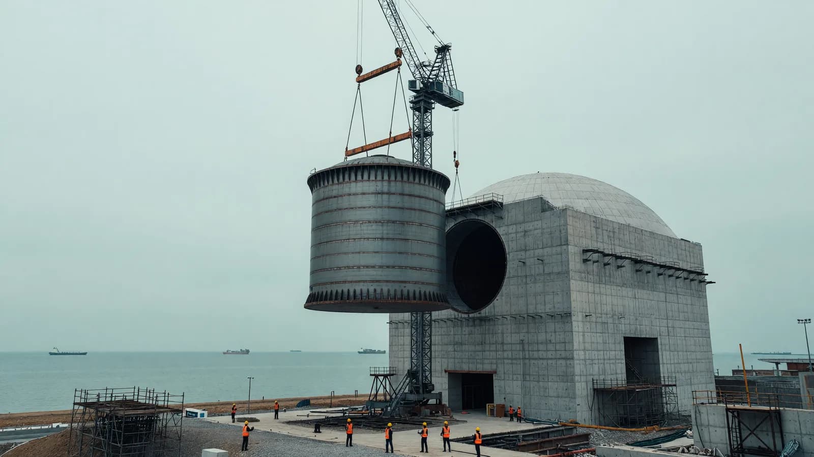 A heavy-lift crane lowers the reactor pressure vessel into Lufeng unit 1's containment on Guangdong's coast. Illustration: NNN