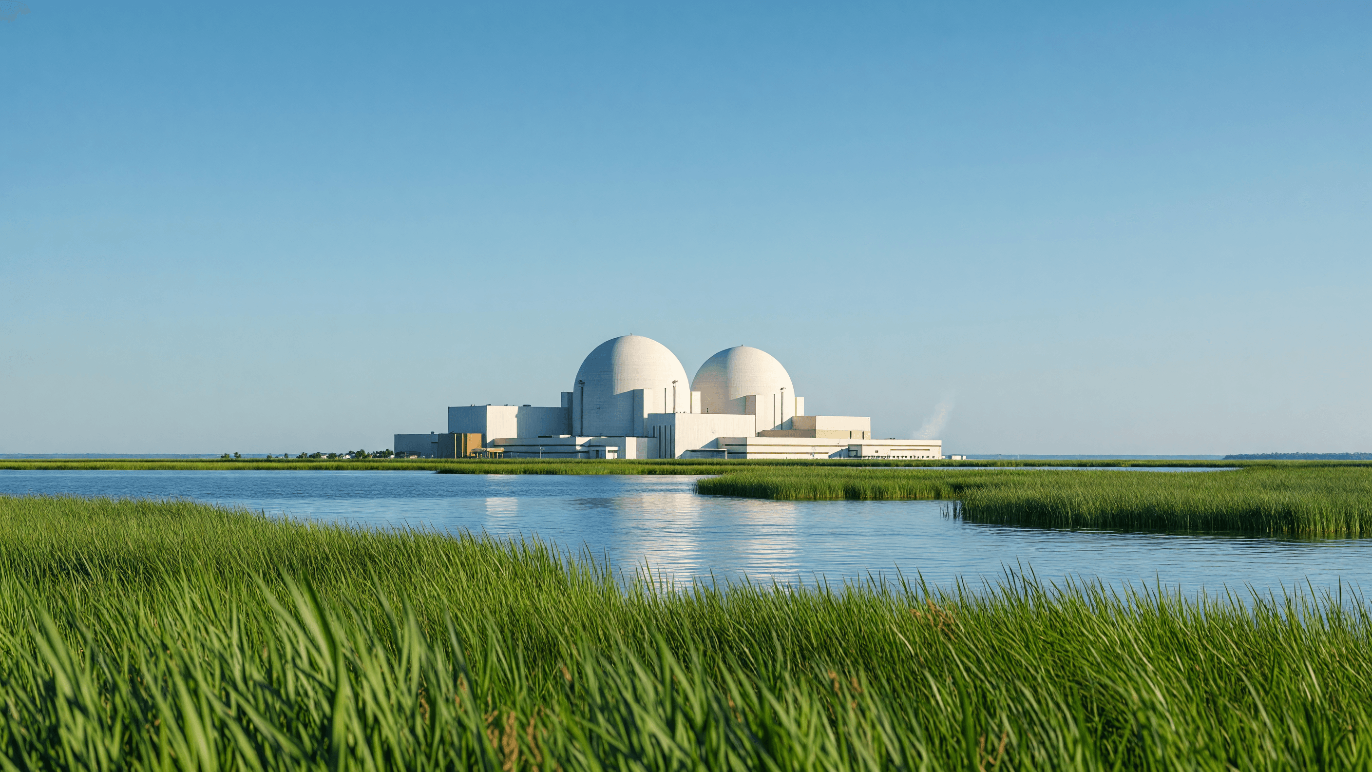 A nuclear station with twin containment domes across green coastal marshland under a clear blue sky — New Jersey's 1,100 MW procurement leads today's brief. Illustration: NNN