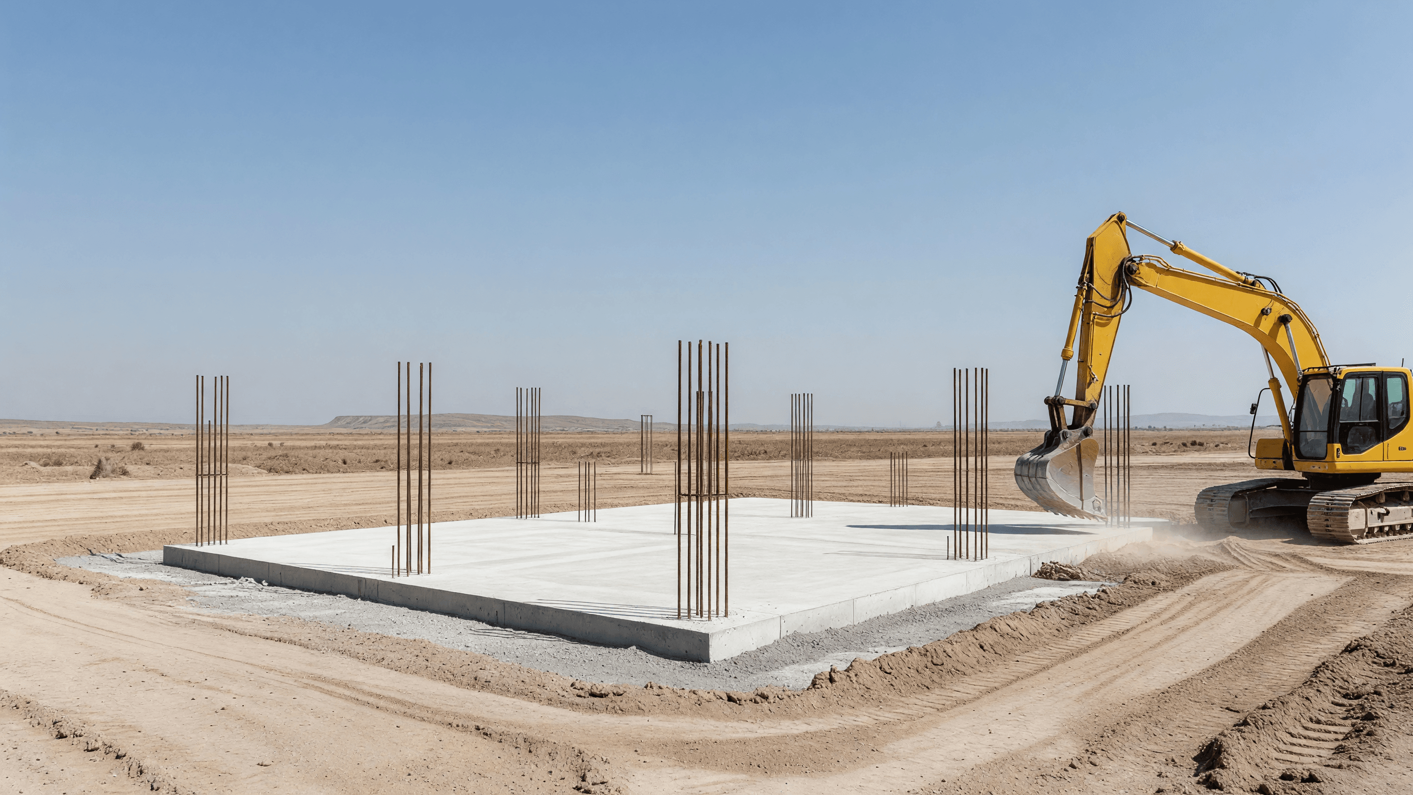 A concrete foundation pad with rebar and an excavator at an Indian nuclear site under a clear blue sky — the Mahi Banswara PHWR procurement leads today's brief. Illustration: NNN