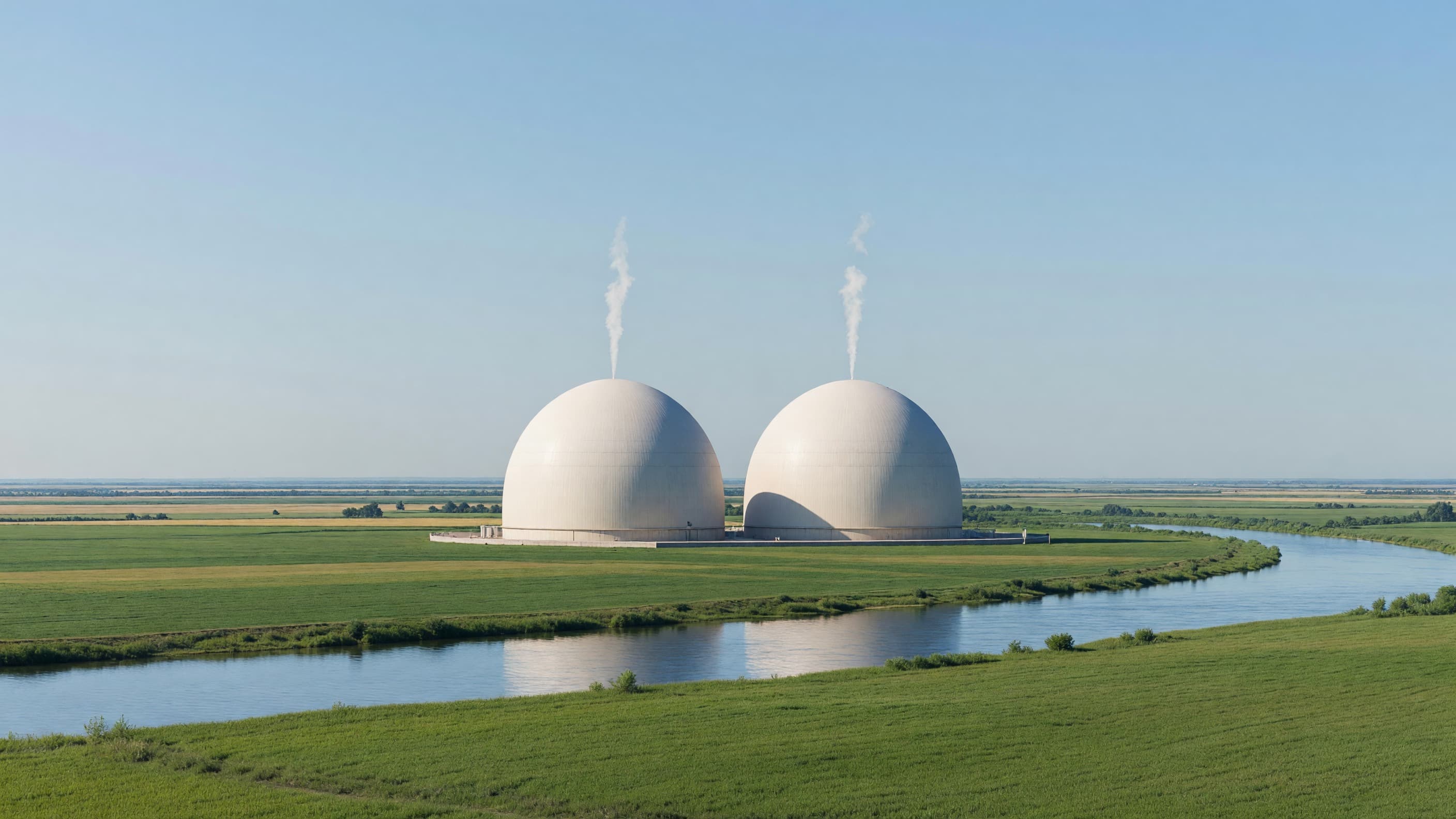 Two nuclear units with containment domes across a green river plain under a clear blue sky — Bulgaria's Kozloduy AP1000 commitment leads today's brief. Illustration: NNN