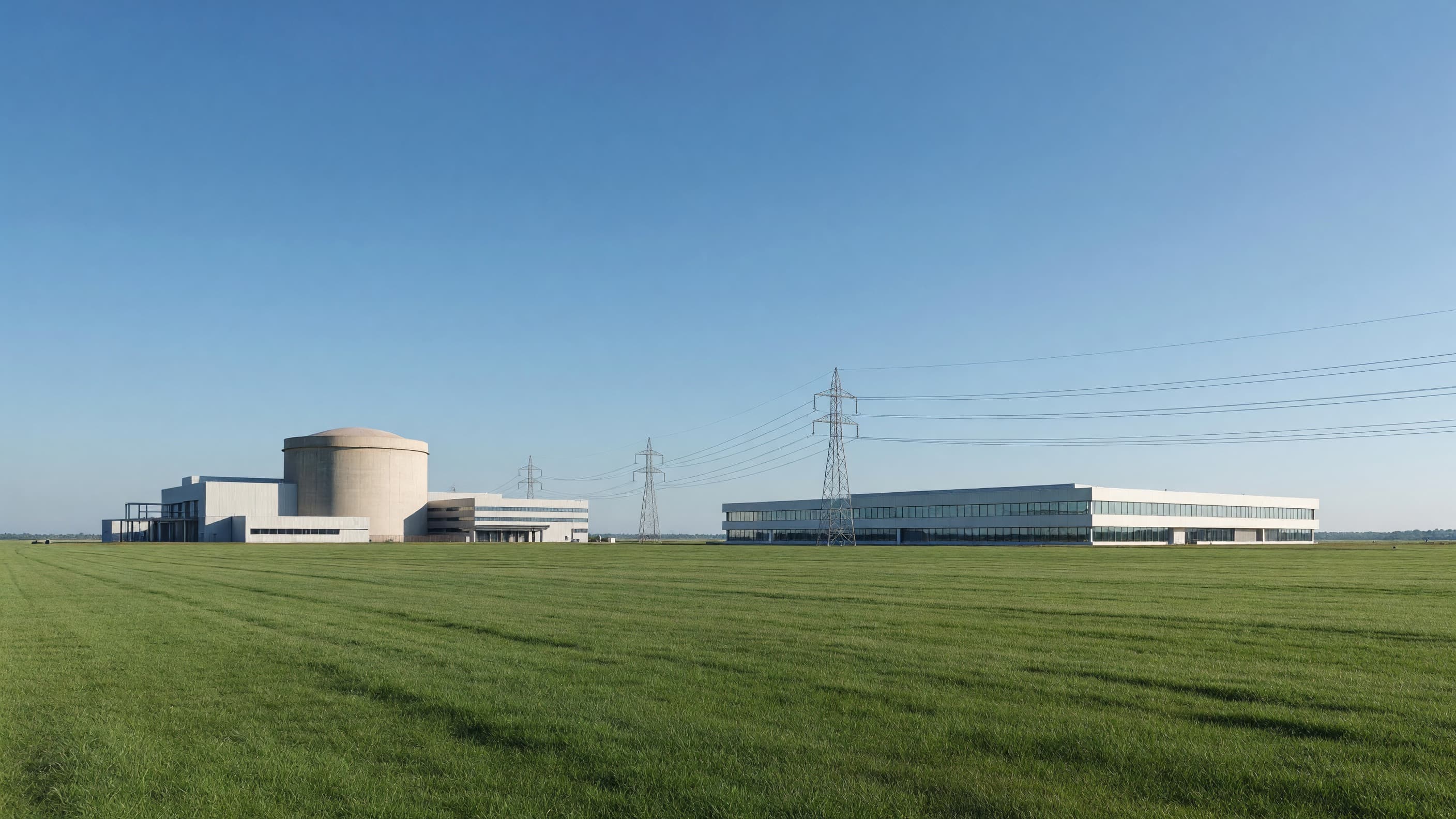 A nuclear power plant linked to a long modern data center across a green campus under a clear blue sky, representing the DOE Genesis Mission's AI-and-nuclear push. Illustration: NNN