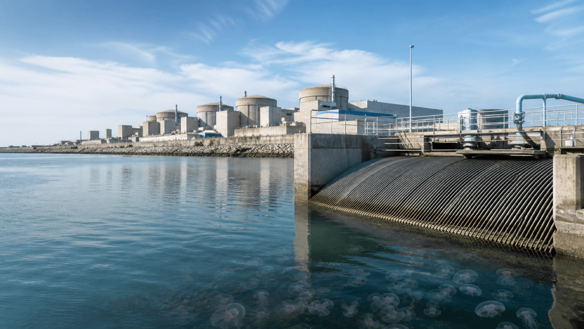 The Gravelines nuclear power station beside its seawater intake channel after jellyfish clogged cooling pumps. Illustration: NNN