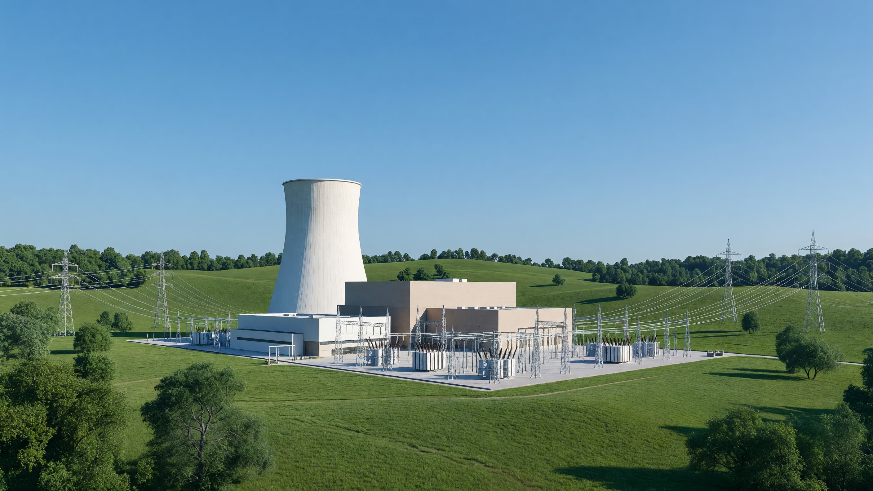 A nuclear power plant with a cooling tower and switchyard in a green landscape under a clear blue sky, representing how states procure new nuclear. Illustration: NNN