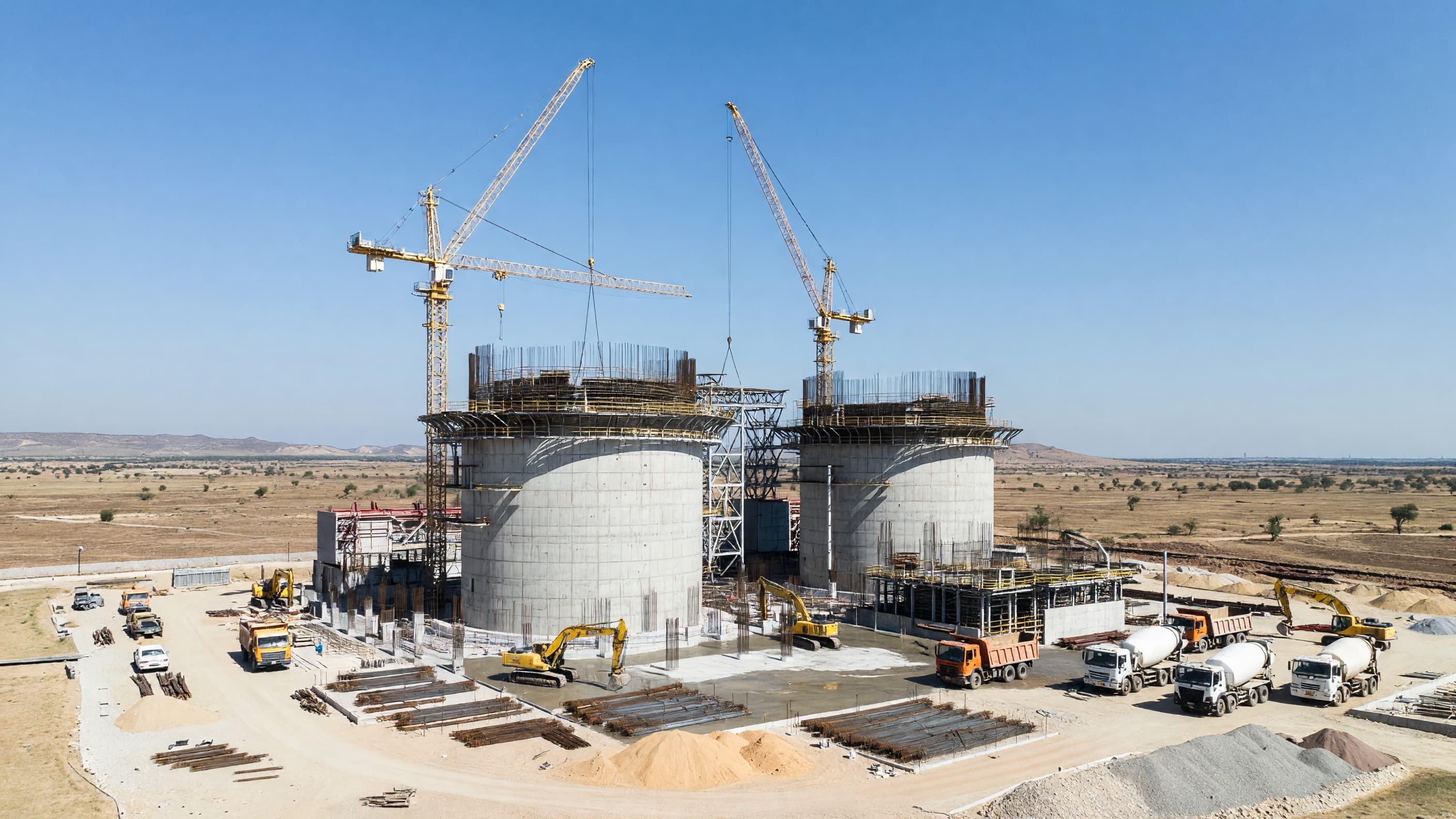 Twin PHWR reactor containment buildings rising under construction with tower cranes on a dry Indian plain, representing India's 2.8 GW Mahi Banswara procurement. Illustration: NNN