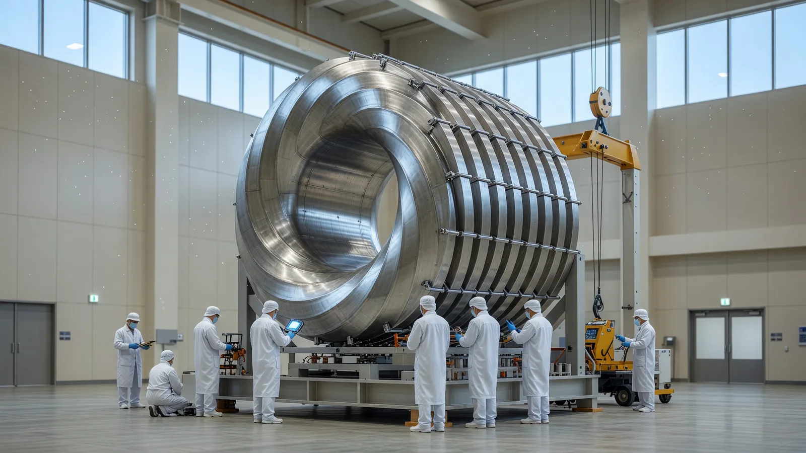A helical stellarator fusion device under assembly in a research hall — Helical Fusion, the Tokyo stellarator startup conditionally selected for METI's fusion power demonstration grant program. Illustration: NNN