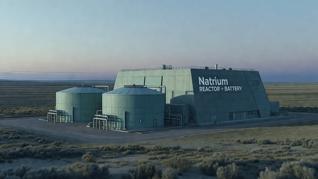 Molten-salt thermal storage tanks in front of the Natrium reactor building on Wyoming's high plains at dusk — the reactor-plus-battery design. Illustration: NNN