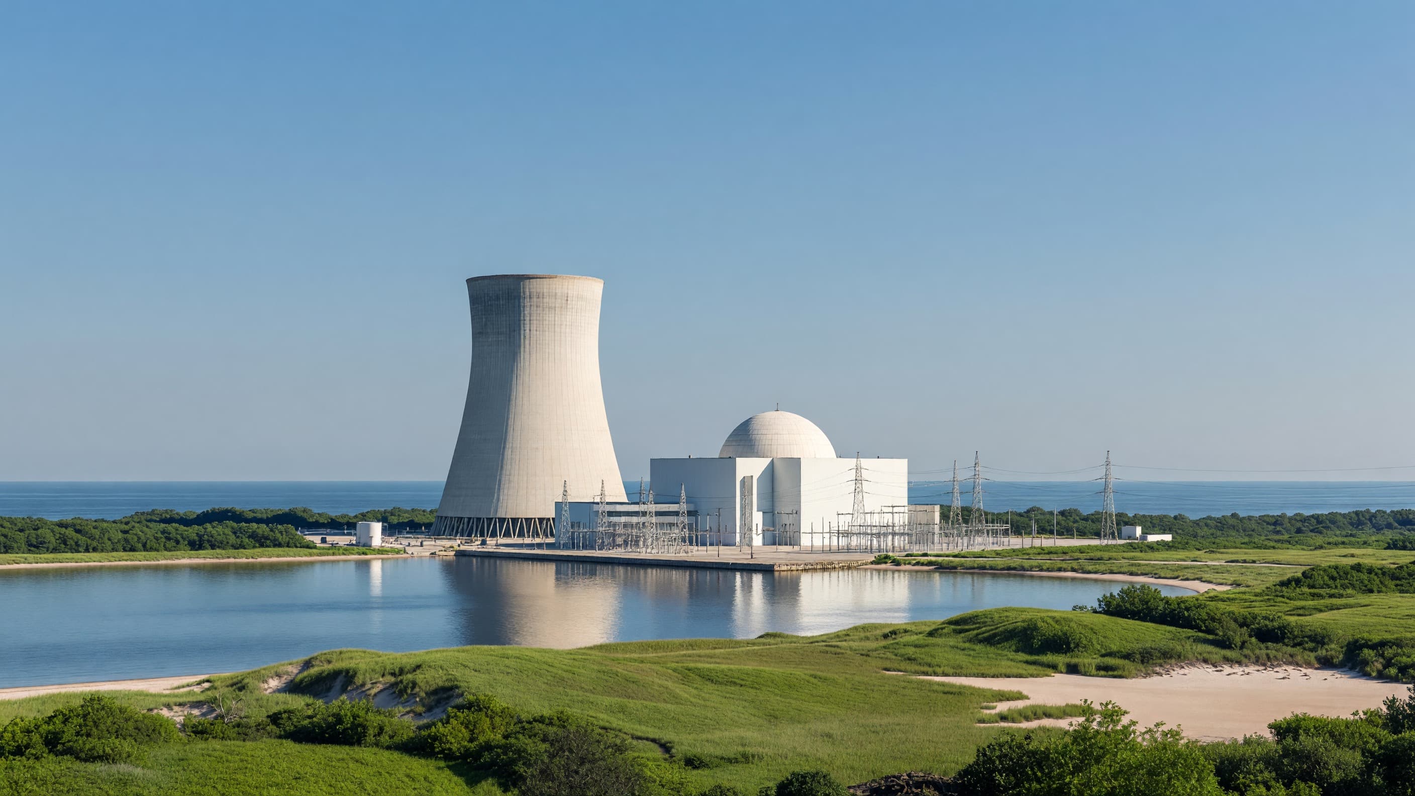 A coastal nuclear power plant with a cooling tower and containment dome beside calm water under a clear blue sky, representing New Jersey's 1,100 MW nuclear procurement timeline. Illustration: NNN