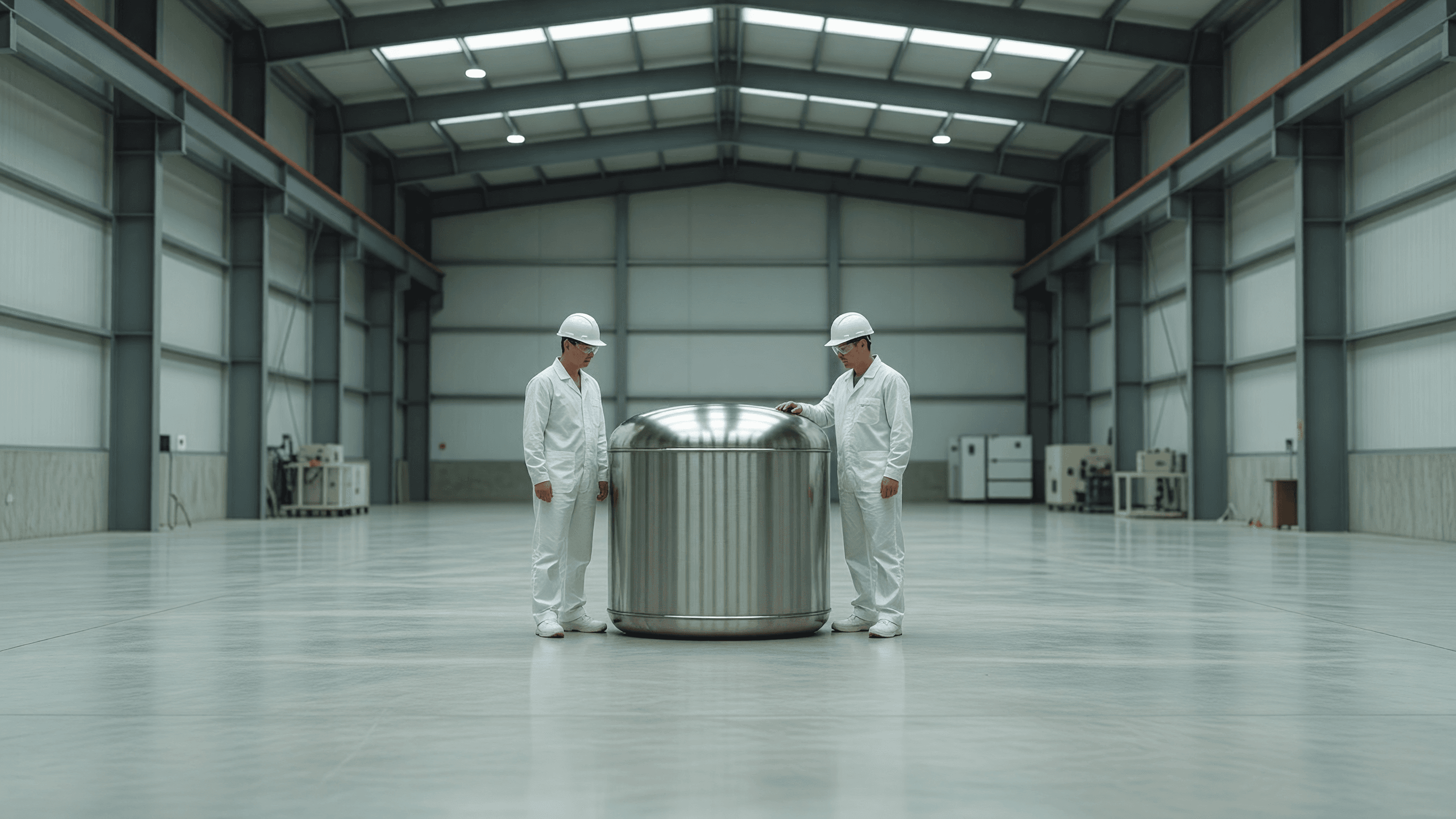 A compact steel small modular reactor vessel in a fabrication hall, engineers for scale — Newcleo's LFR-AS-200 licensing push. Illustration: NNN