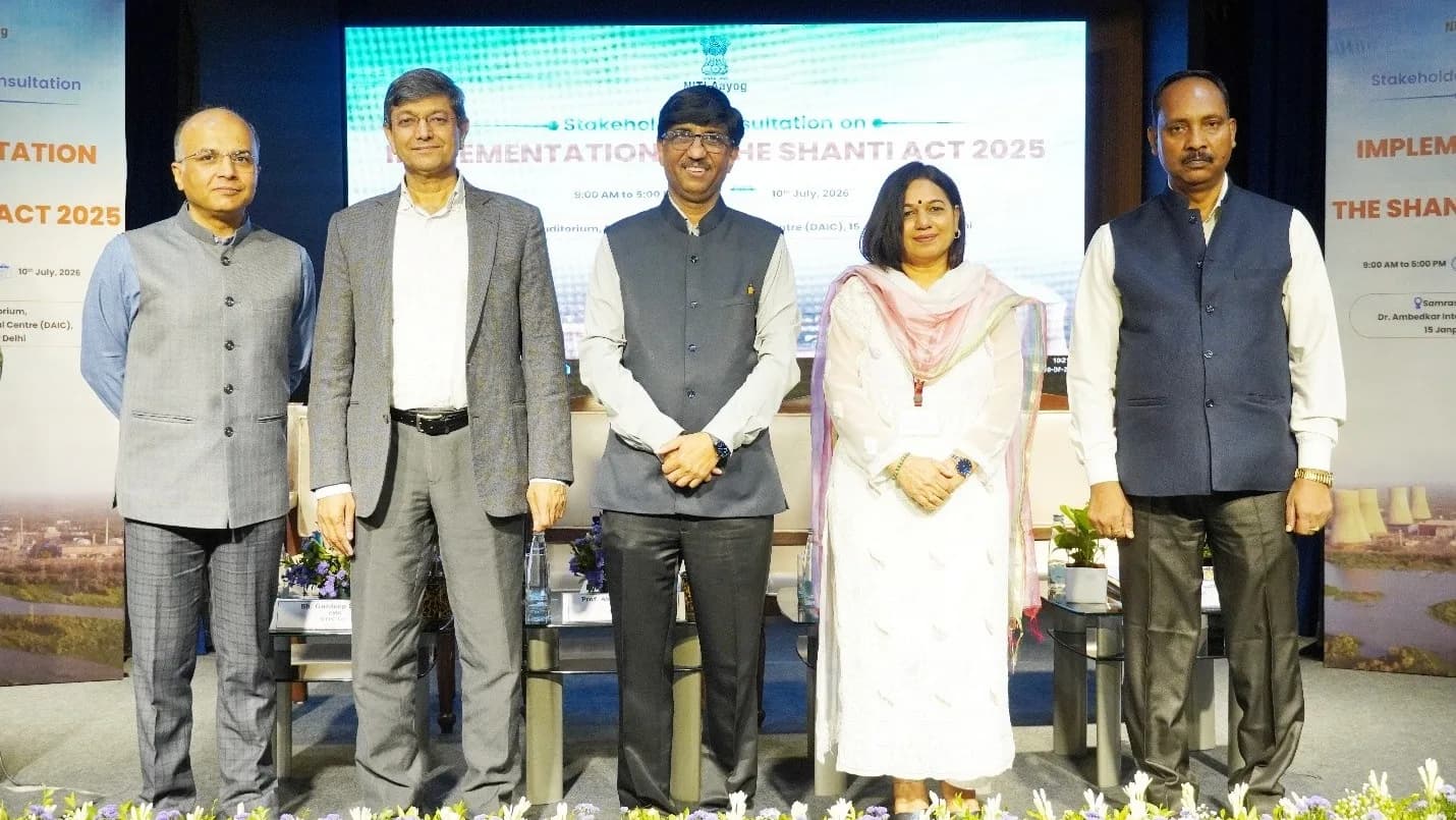 Five officials pose at NITI Aayog's SHANTI Act 2025 consultation in New Delhi. Image: Press Information Bureau, Government of India