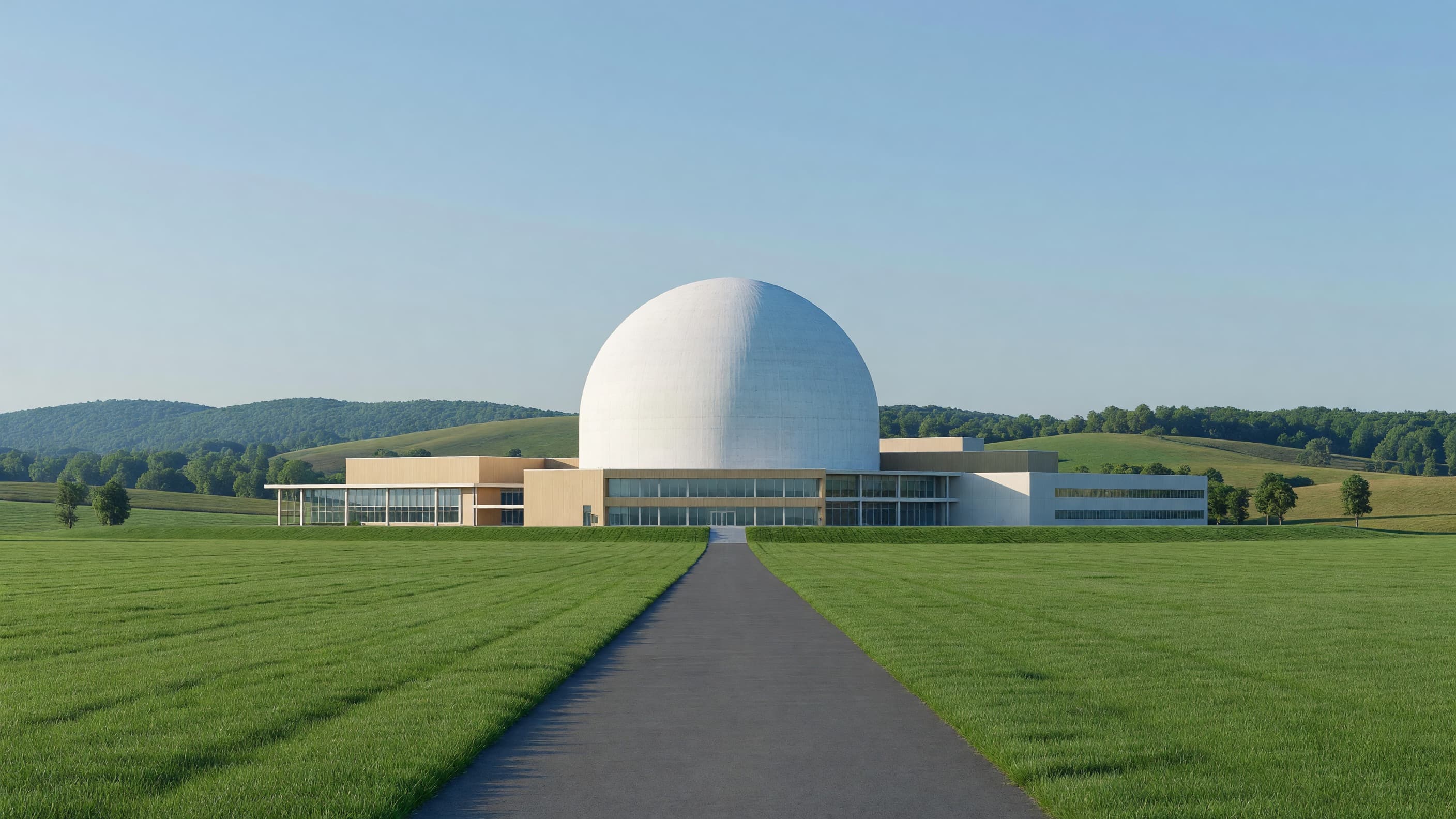 A modern US nuclear power plant — a white containment dome and administration building in a green valley under a clear blue sky, illustrating the NRC reactor licensing process. Illustration: NNN