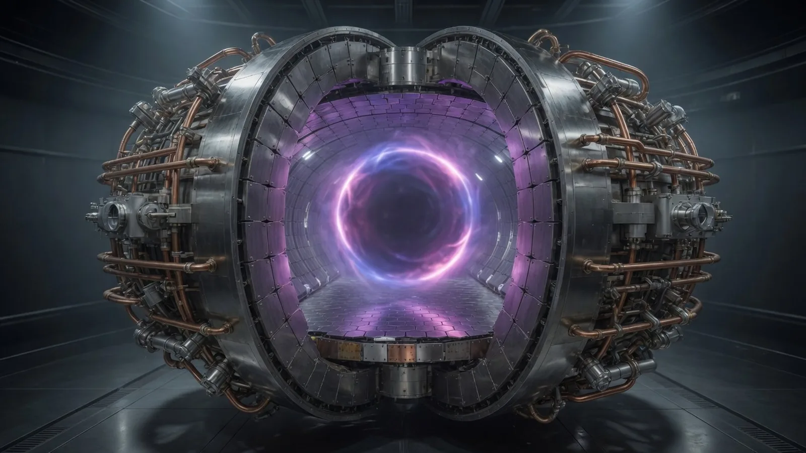 A fusion reactor seen head-on through its open vacuum vessel: a luminous ring of plasma circulates inside the tiled chamber, held off the walls by magnetic fields at over 100 million degrees. Illustration: NNN.