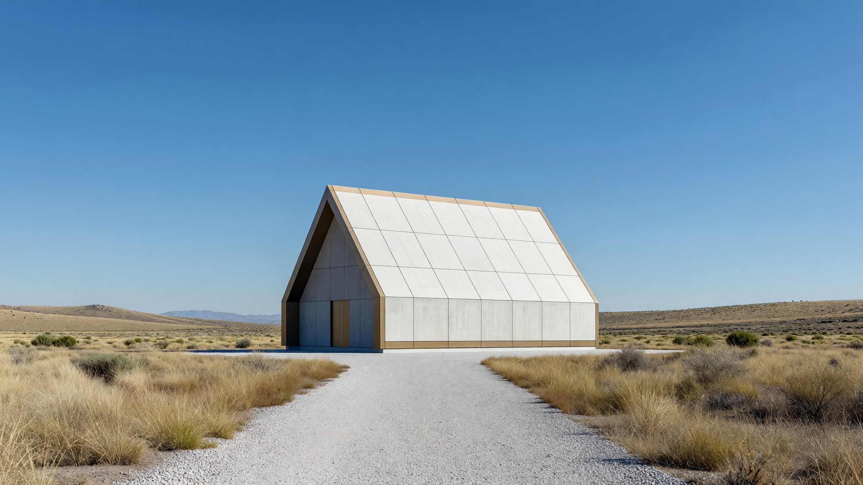 A sleek white A-frame microreactor powerhouse on an open prairie under a clear blue sky, representing Oklo's DOE site authorization at Groves. Illustration: NNN