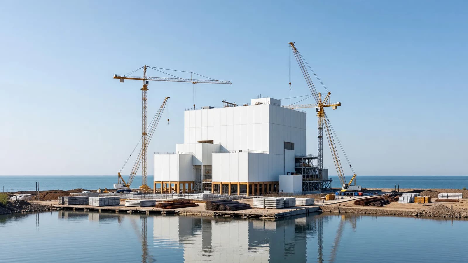 Construction cranes surround the Pickering Nuclear Generating Station refurbishment site beside Lake Ontario. Illustration: NNN