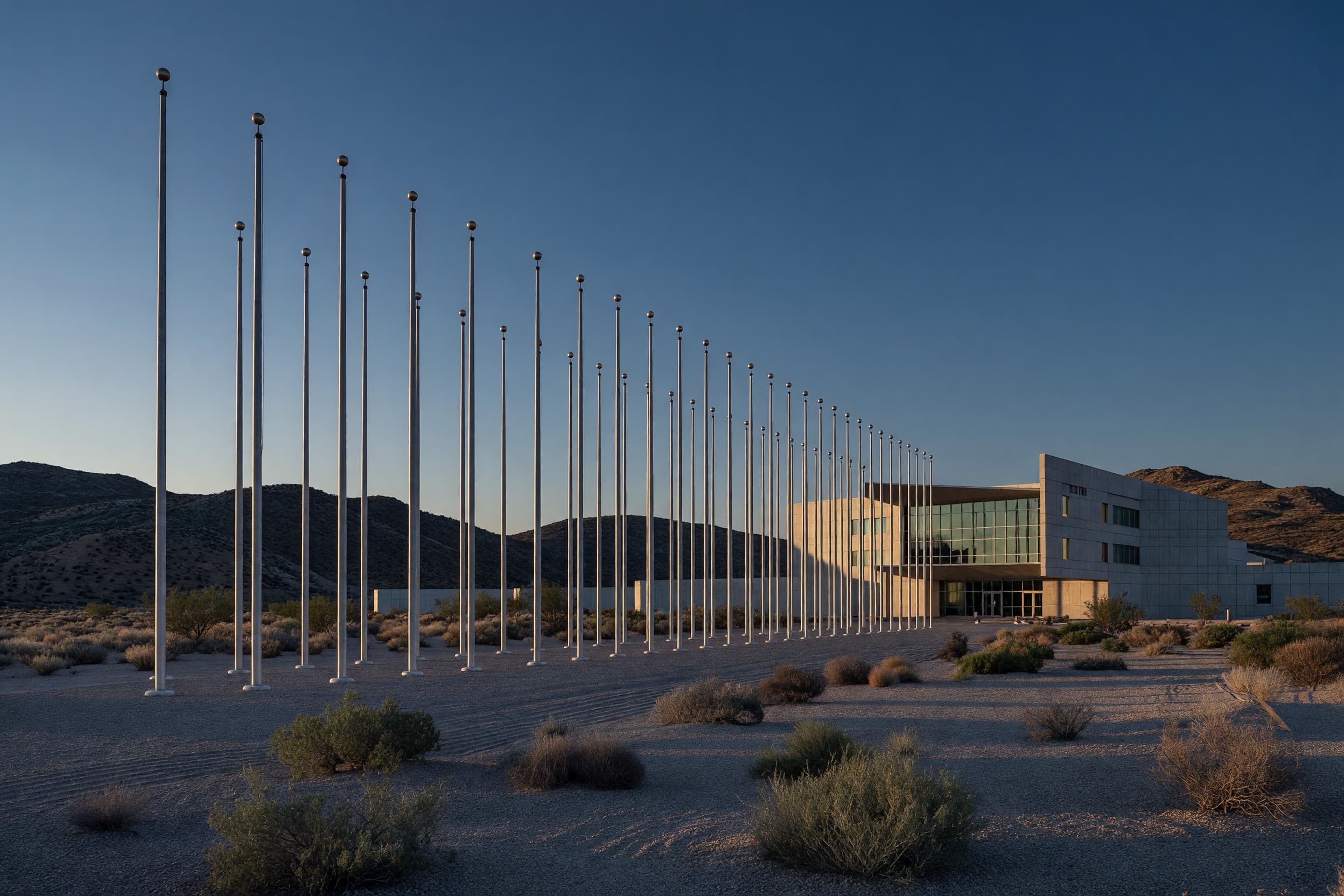 A row of 33 empty flagpoles in front of a modern national-laboratory research campus at dusk, representing the Prometheus consortium's partner-count discrepancy. Illustration: NNN