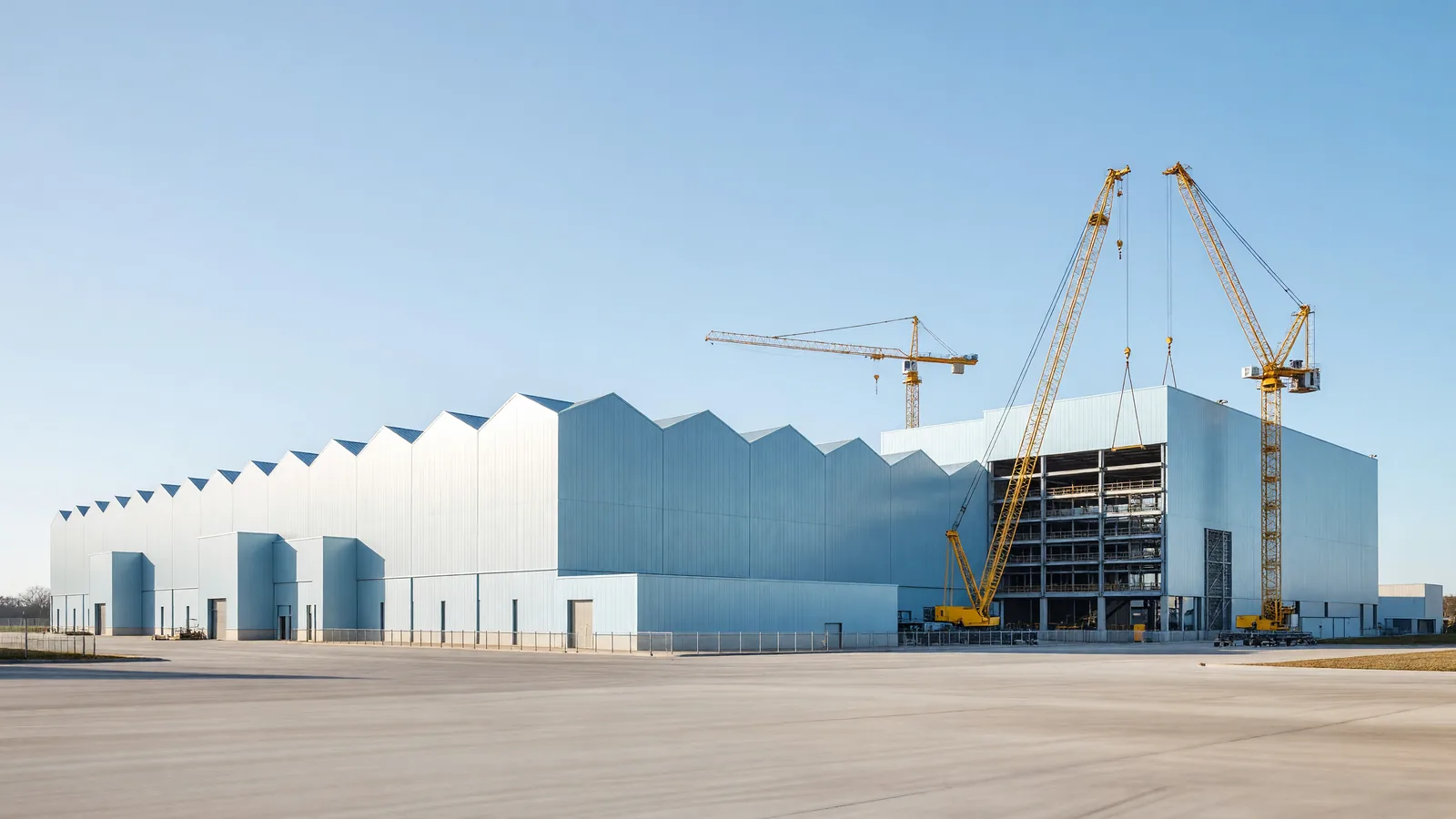 The Rolls-Royce Submarines Raynesway nuclear reactor manufacturing facility near Derby, England, its pale-blue sawtooth production halls with a new primary components building under construction behind yellow cranes, illustrating the plant that will build the reactors for every British and Australian SSN-AUKUS submarine. Illustration: NNN