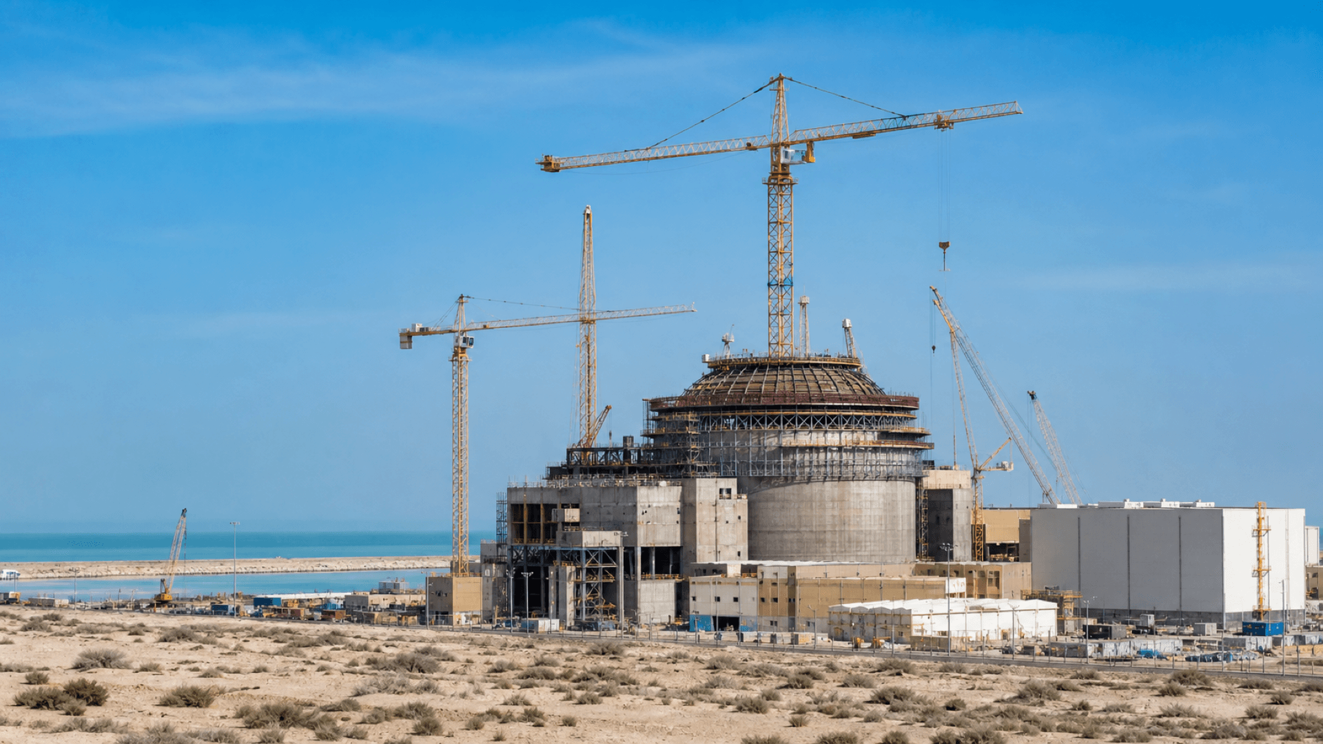 The Bushehr Nuclear Power Plant Unit 2 construction site on Iran's Persian Gulf coast, illustrating Rosatom's return of engineering staff and continued work on Units 2 and 3. Illustration: NNN