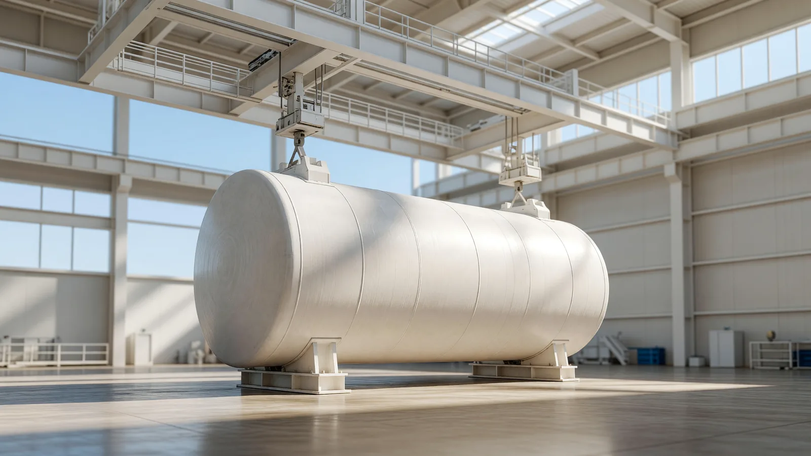 A RITM-200S reactor vessel at Rosatom’s ZiO-Podolsk factory, illustrating completion of the second reactor for a planned floating plant in Chukotka. Illustration: NNN