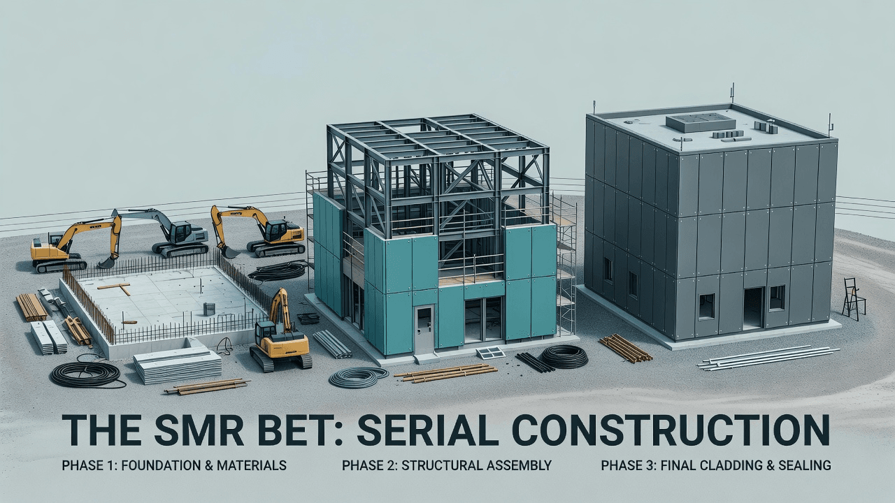 Three identical small modular reactor buildings in a row at different stages of construction — the serial-build model that defines the SMR bet. Illustration: NNN
