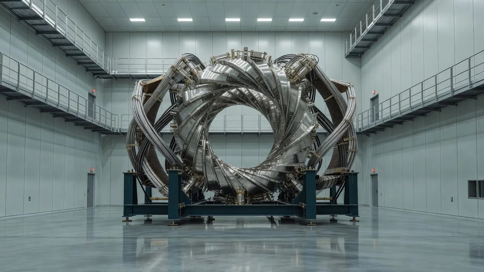 A stellarator fusion device rendered over the site of TVA's retired Bull Run coal plant in Clinton, Tennessee — the first fusion project licensed under a state fusion-specific framework. Illustration: NNN.