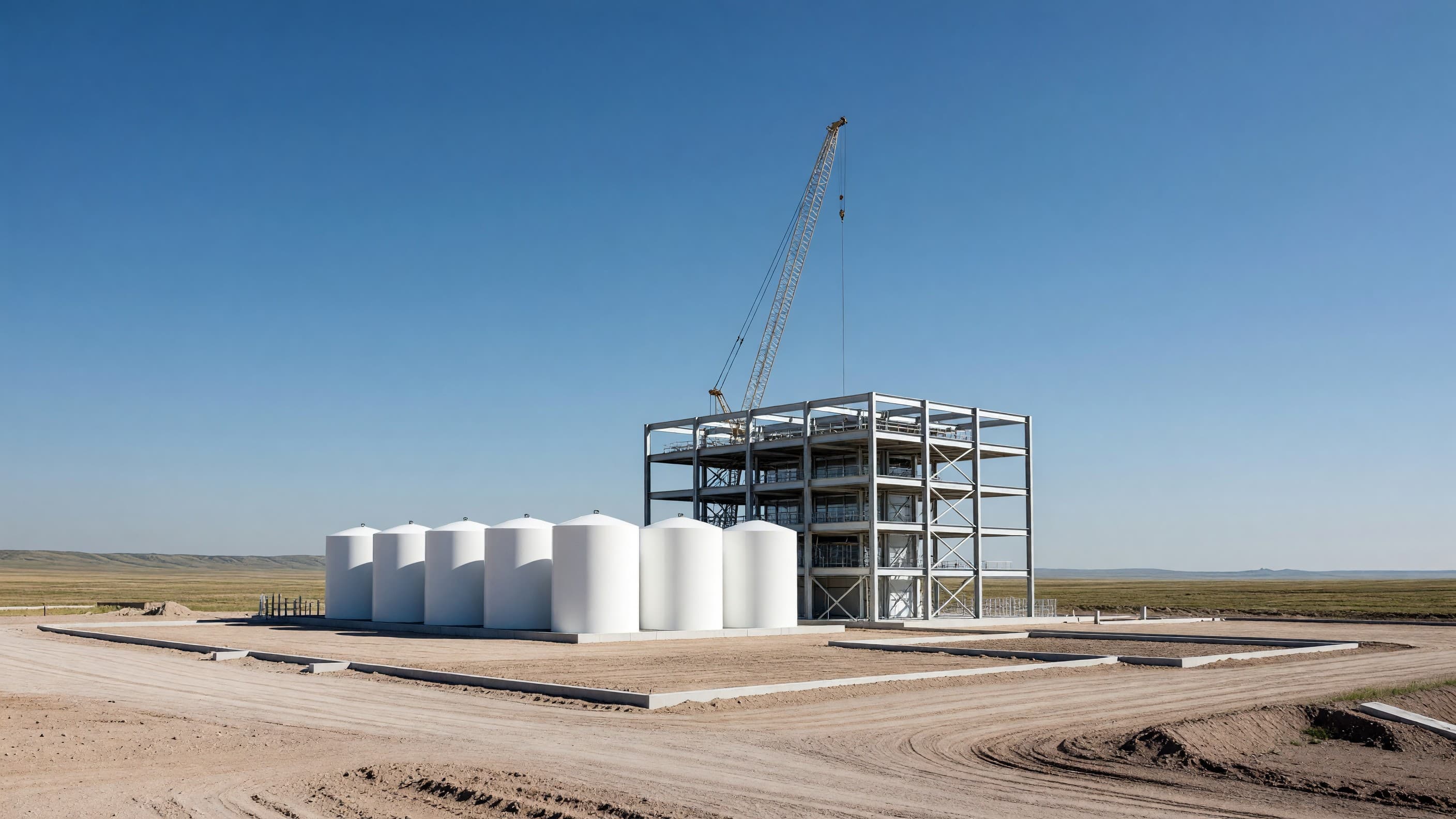 Molten salt storage tanks beside a Natrium reactor building under construction on open plains, representing TerraPower's HDEC EPC agreement for a fleet of up to eight reactors. Illustration: NNN