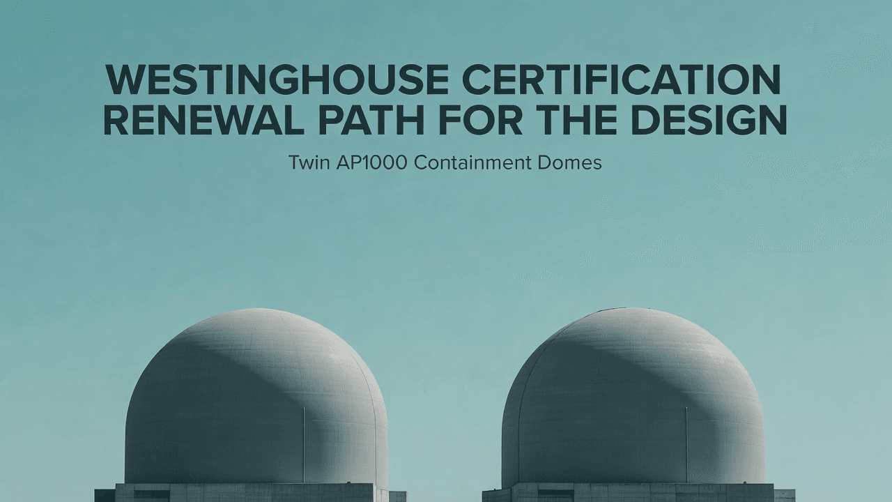 Twin AP1000 containment domes against a clear summer sky — the week's lead story is Westinghouse's certification renewal path for the design. Illustration: NNN