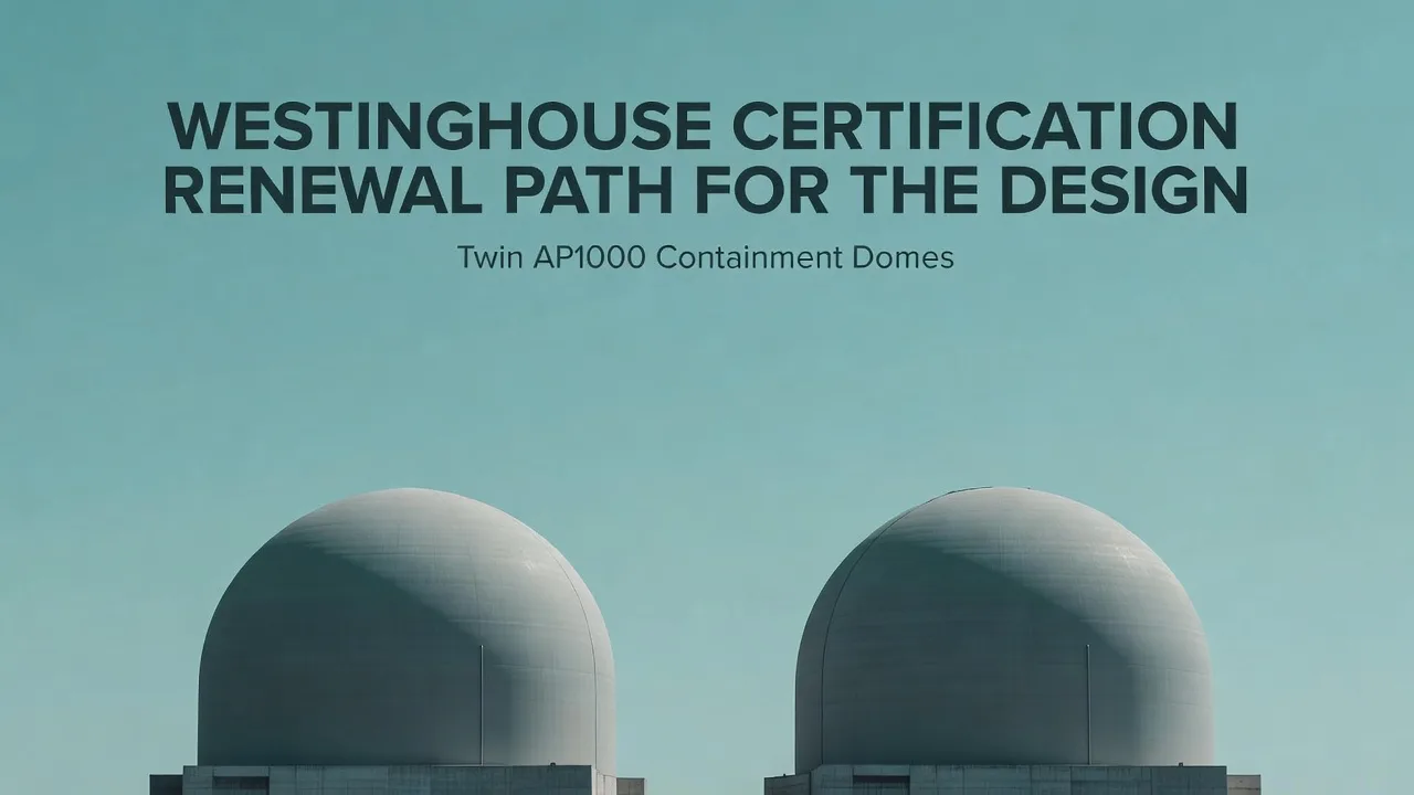 Twin AP1000 containment domes against a clear summer sky — the week's lead story is Westinghouse's certification renewal path for the design. Illustration: NNN