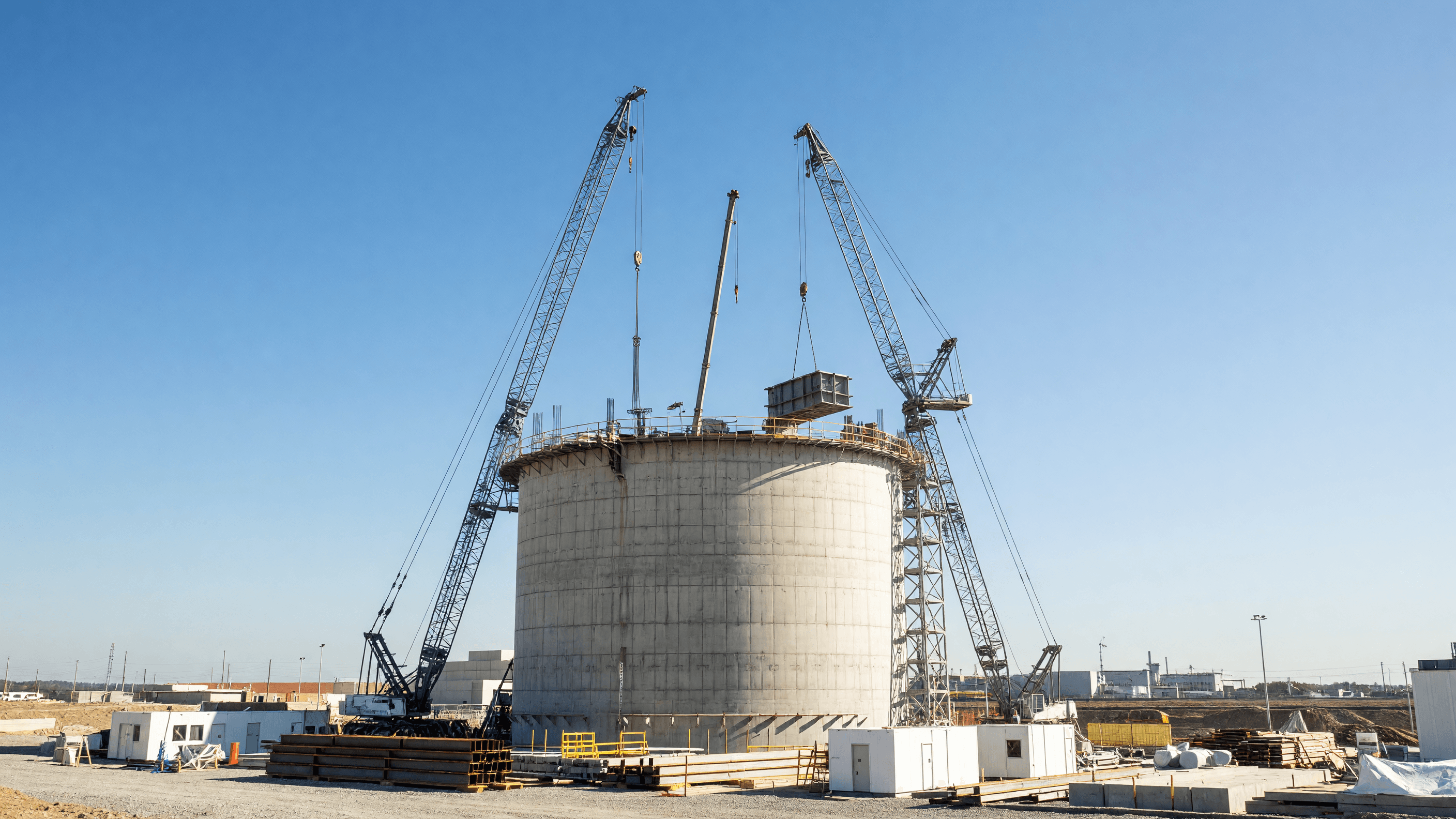 A BWRX-300 containment under civil construction at Darlington in Ontario, with cranes and fresh concrete — GE Vernova Hitachi leads the 2026 SMR ranking. Illustration: NNN