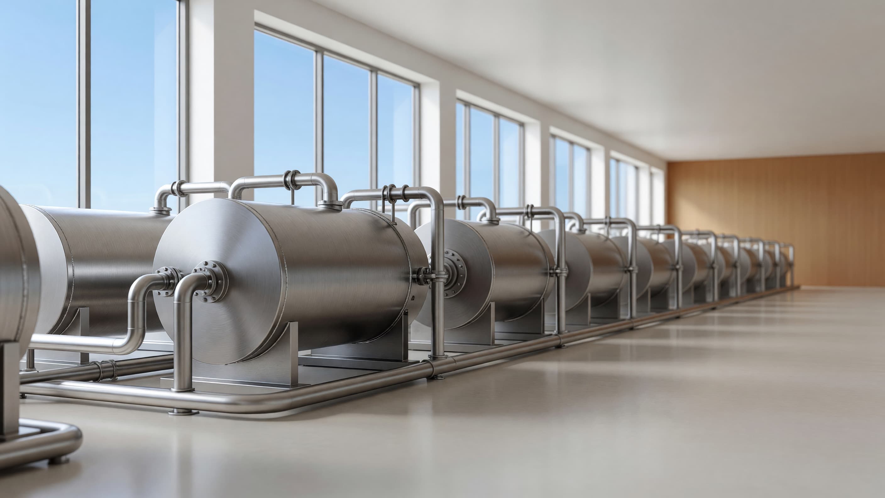 Rows of stainless-steel TRISO nuclear fuel fabrication vessels on a clean production line in a bright sunlit hall, illustrating how TRISO fuel is made. Illustration: NNN