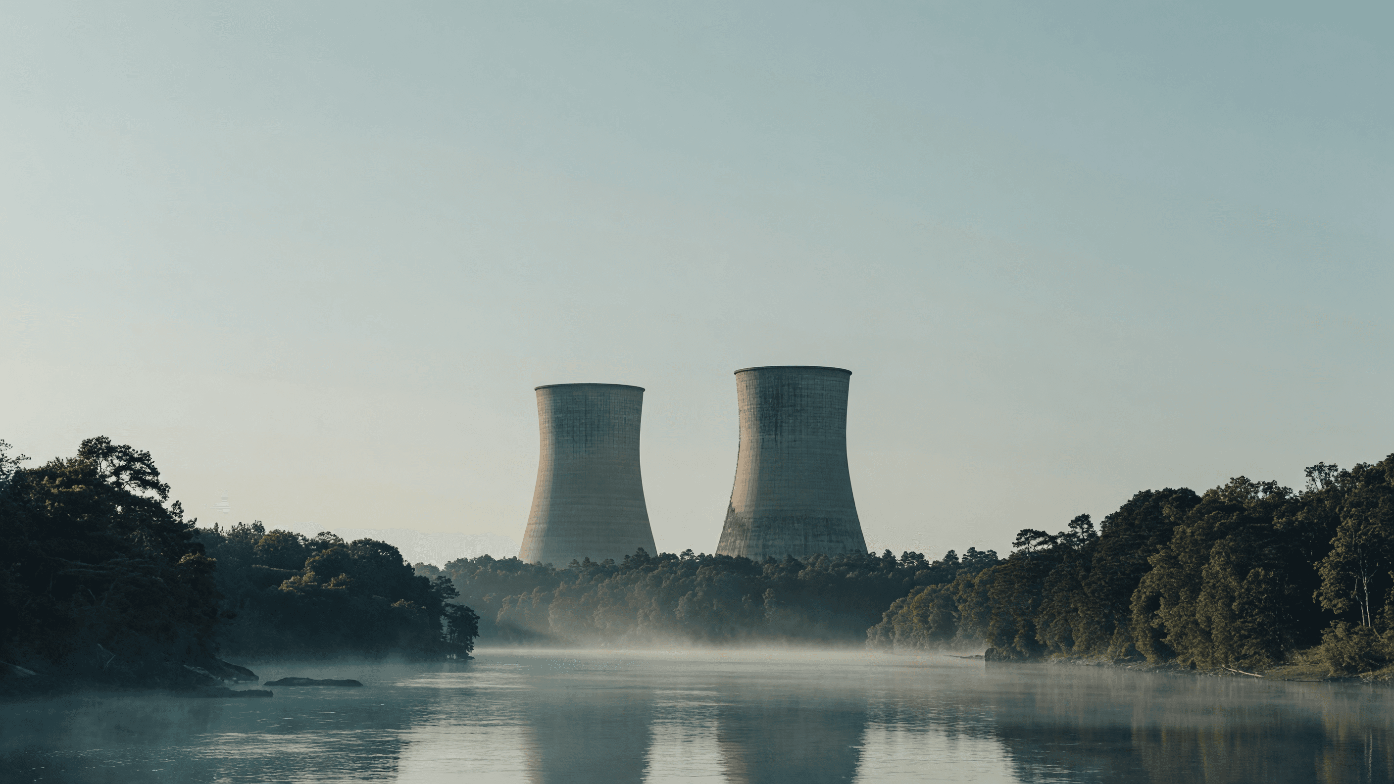 Twin cooling towers above a misty Tennessee river valley at dawn — advanced nuclear enters TVA's grid plan. Illustration: NNN