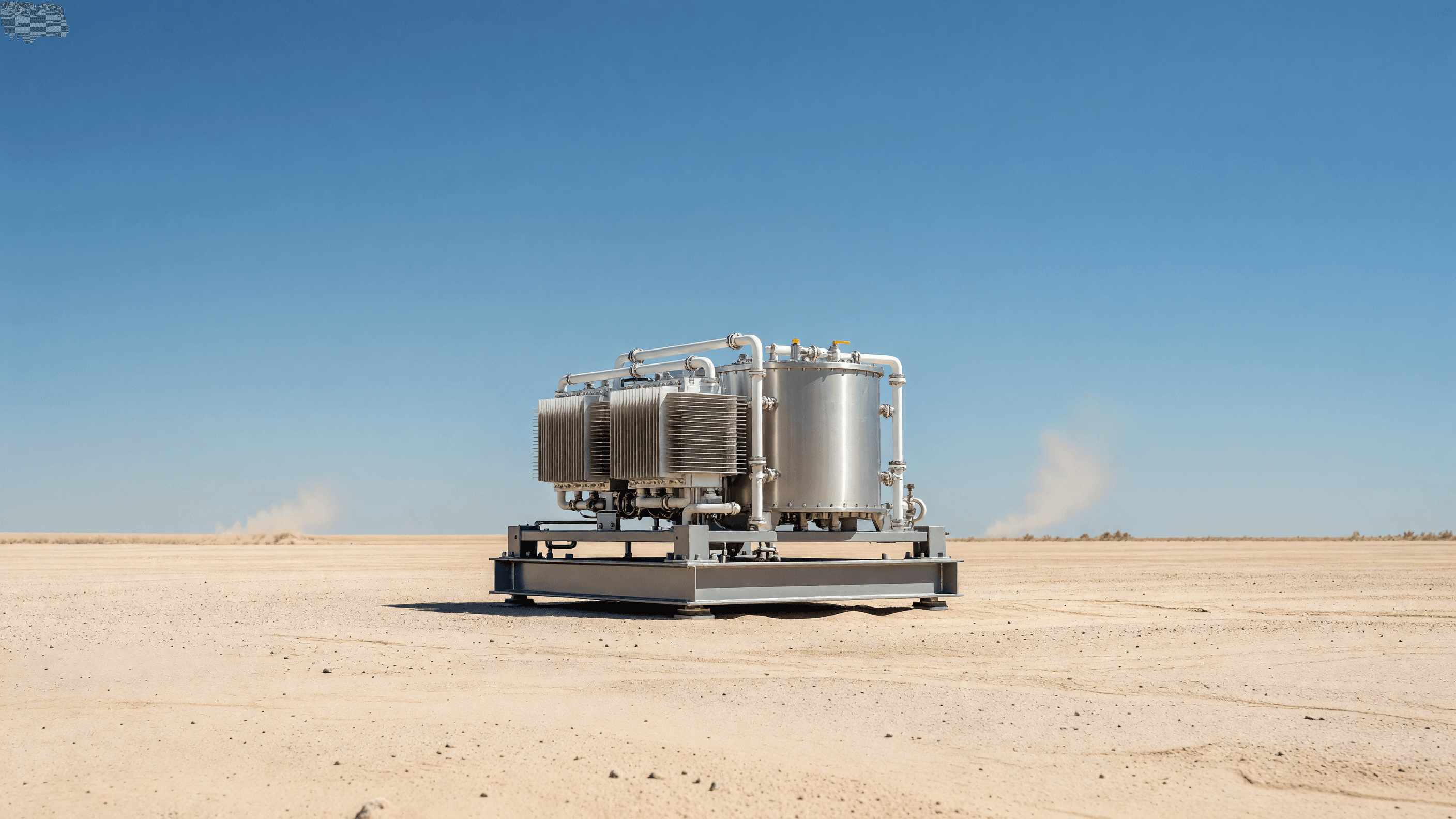 A pickup-bed-sized microreactor skid, Deployable Energy's 1 MWe Unity nuclear battery, on a desert test pad at Idaho National Laboratory, the reactor at the center of a viral Australian nuclear-ban debate. Illustration: NNN
