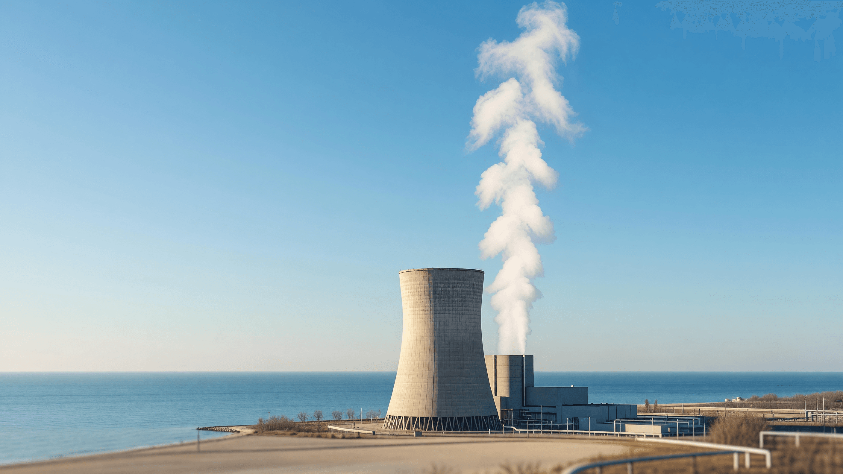 The Palisades nuclear power plant on the Lake Michigan shoreline in daylight, steam rising from its auxiliary buildings. Illustration: NNN