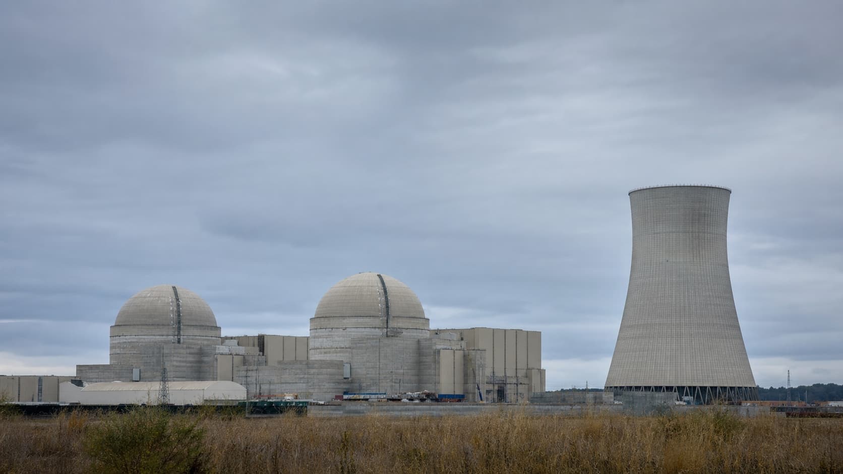 AP1000 reactor containment domes and a cooling tower under construction, representing Westinghouse's global AP1000 pipeline. Illustration: NNN.
