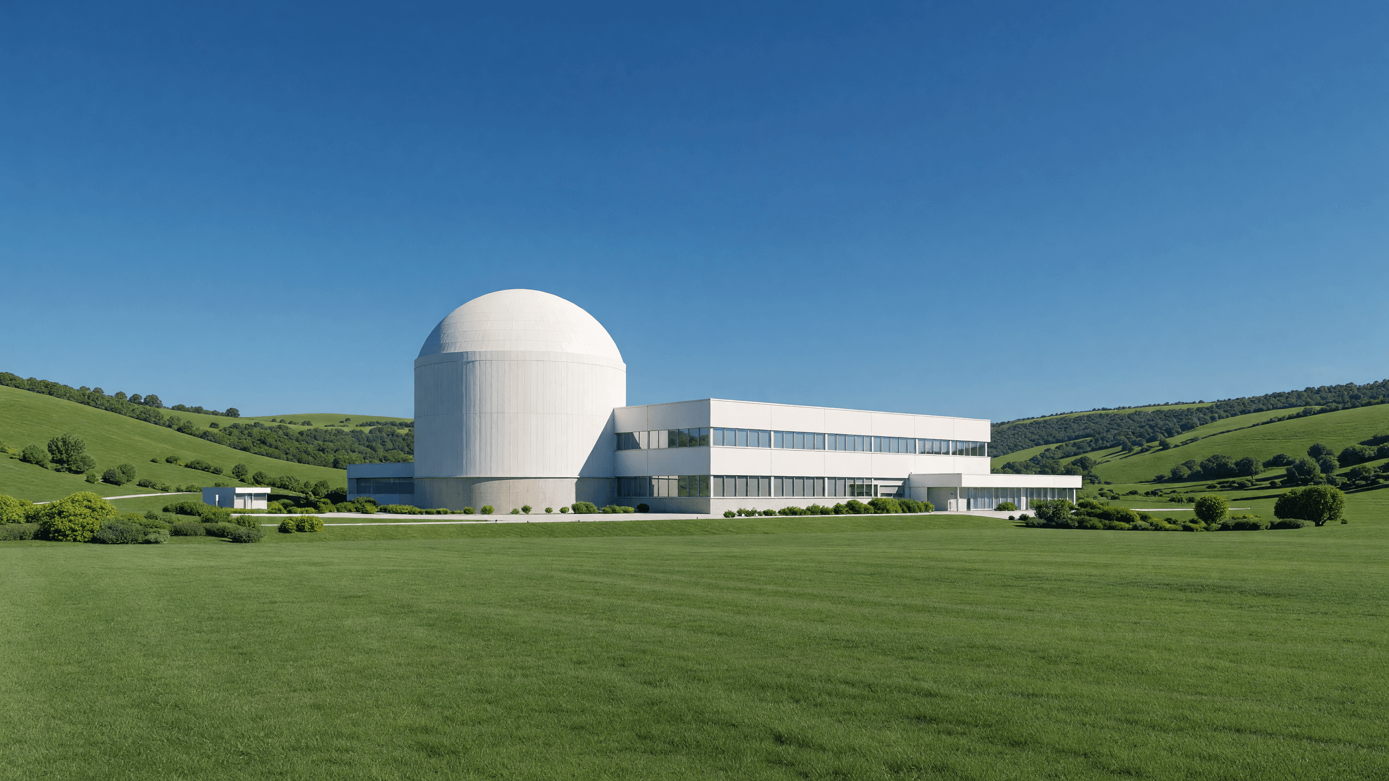 A modern US nuclear plant with a white containment dome in a green valley under clear sky — the kind of deployment the ADVANCE Act's NRC reforms are meant to speed. Illustration: NNN