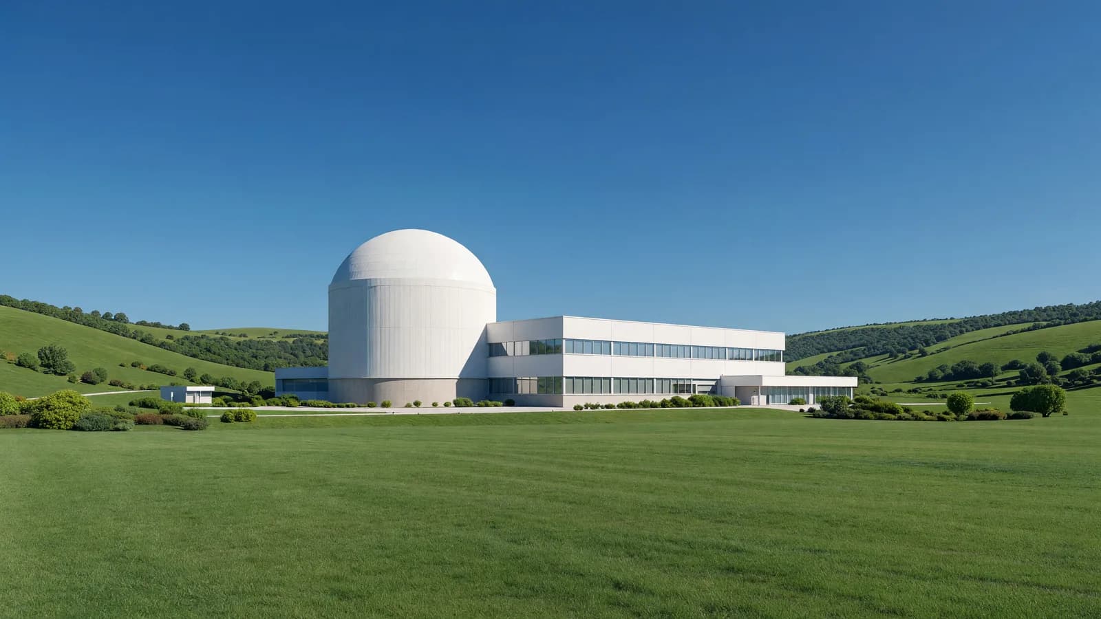 A modern US nuclear plant with a white containment dome in a green valley under clear sky — the kind of deployment the ADVANCE Act's NRC reforms are meant to speed. Illustration: NNN