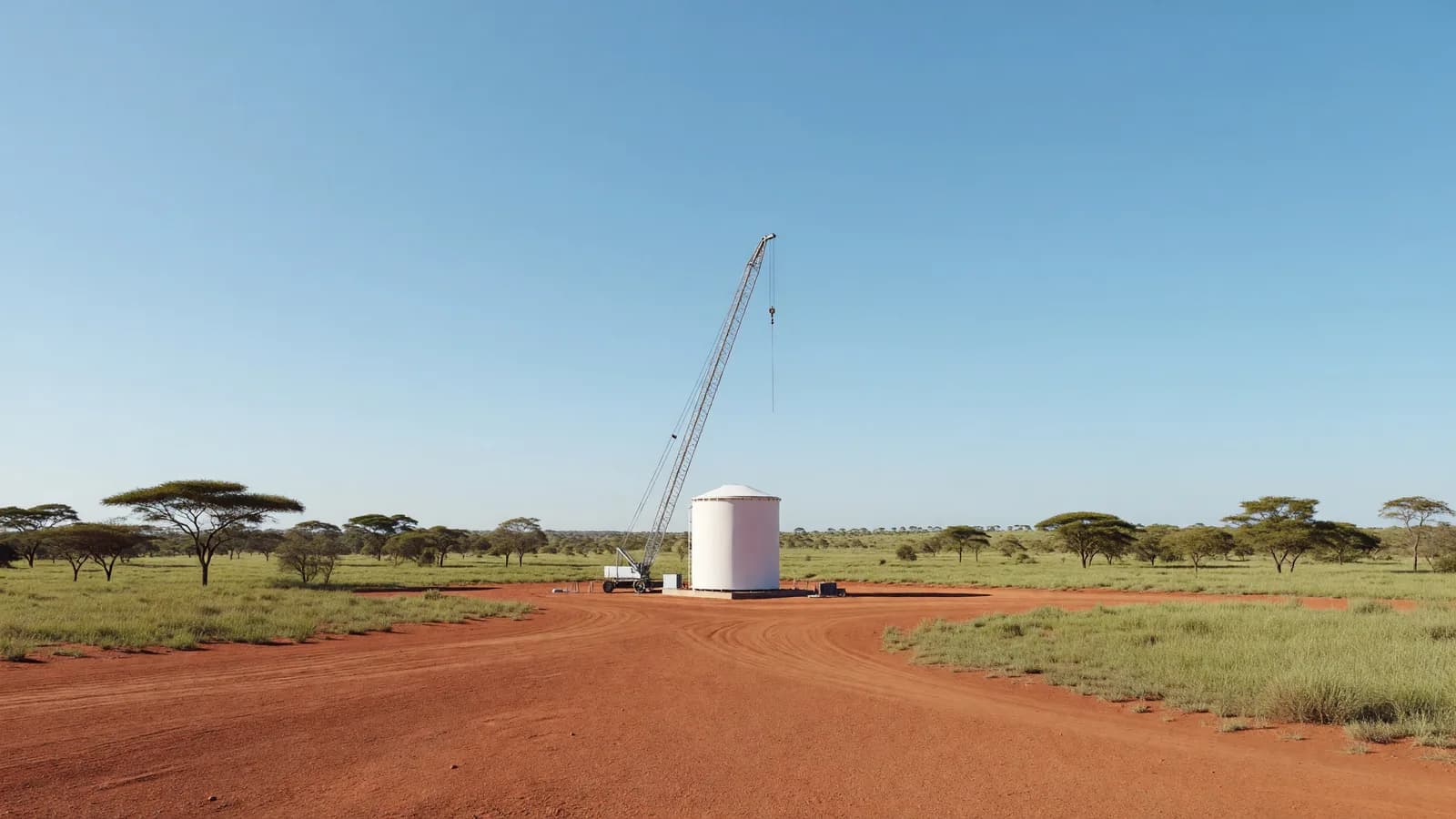 A small modular reactor containment module under construction beside a tall crane at the Pelindaba nuclear research complex on the South African highveld, representing the continent's SMR buildout. Illustration: NNN