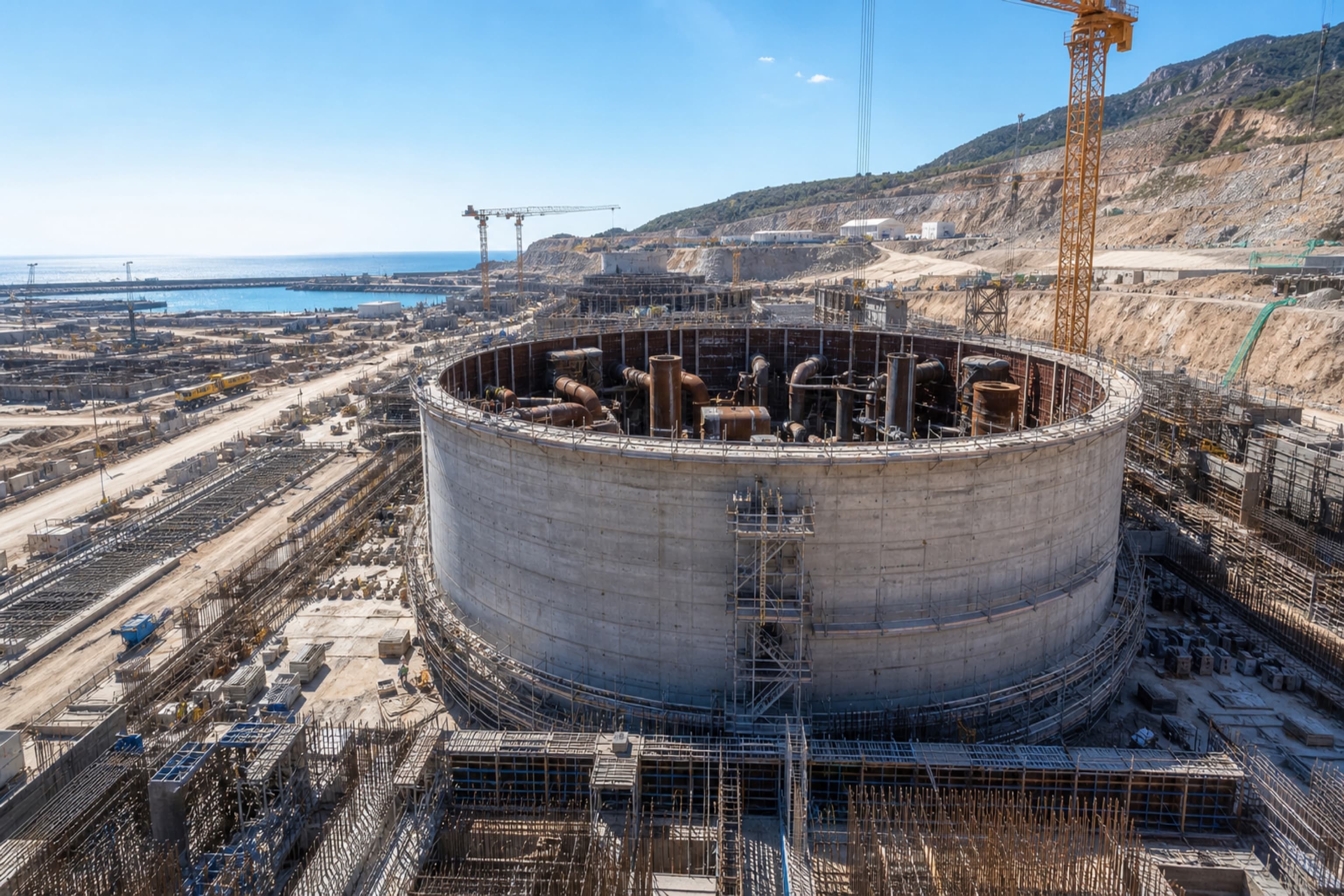 Akkuyu Nuclear Power Plant Unit 2 reactor building under construction on Turkey's Mediterranean coast, representing completion of primary-circuit welding before commissioning. Illustration: NNN