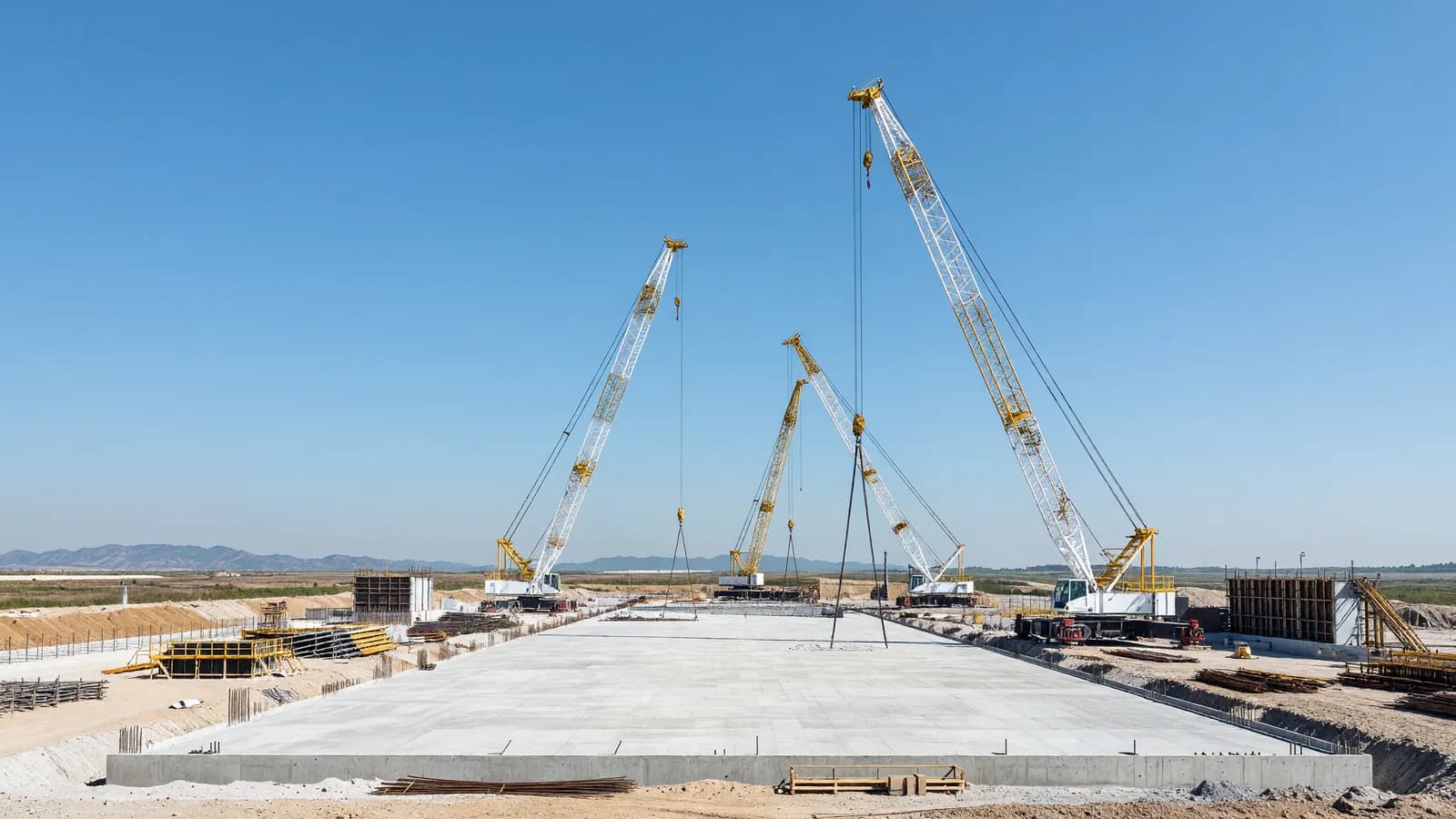 Cranes stand over the nuclear-island foundation at Bailong Unit 2 as the project begins its first concrete pour in Guangxi, China. Illustration: NNN