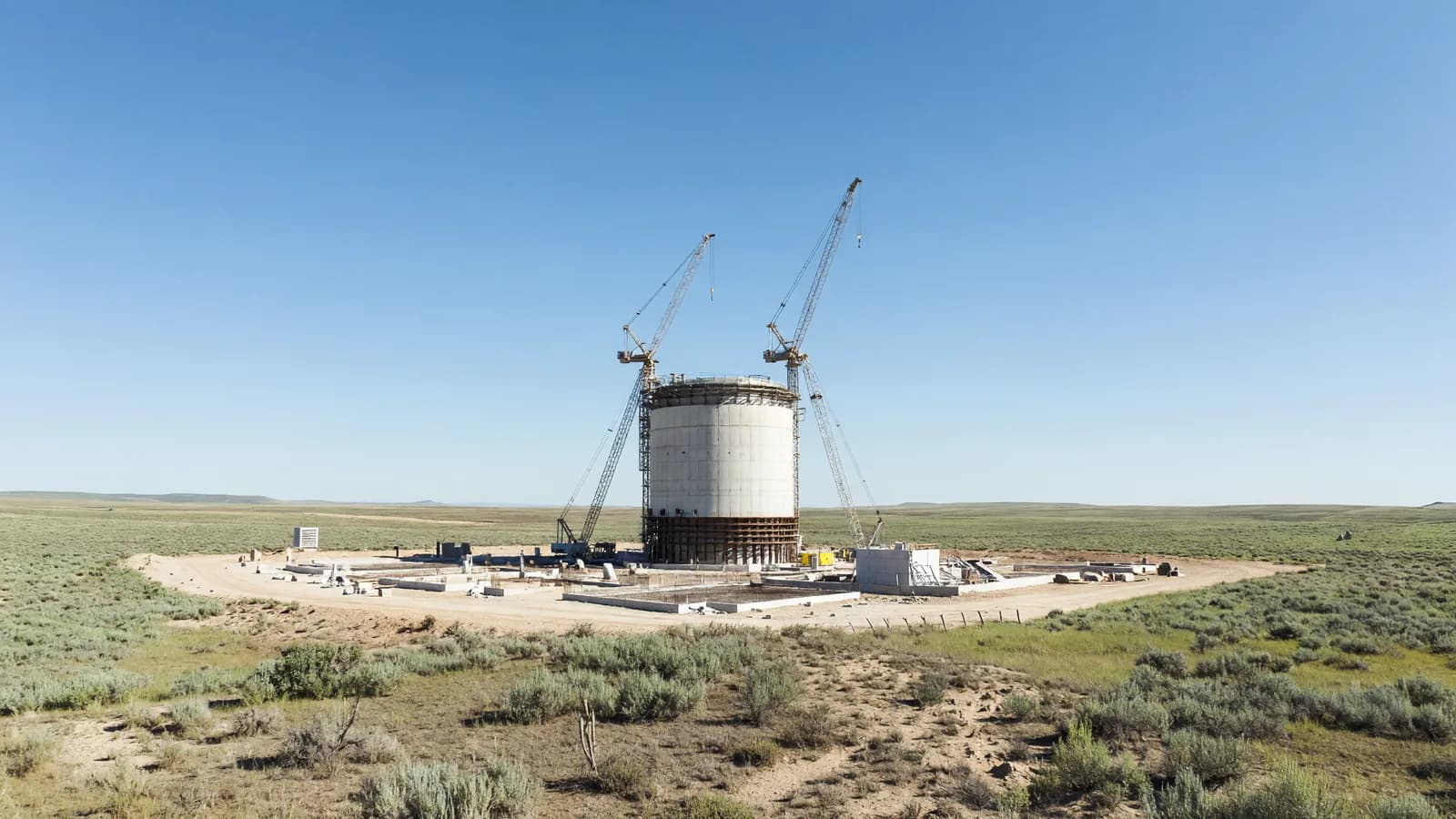 The Natrium demonstration reactor containment structure under construction at TerraPower's Kemmerer, Wyoming site, with tower cranes and early foundations on the high plains — the project Bechtel is leaving after the two companies failed to agree on the next phase. Illustration: NNN