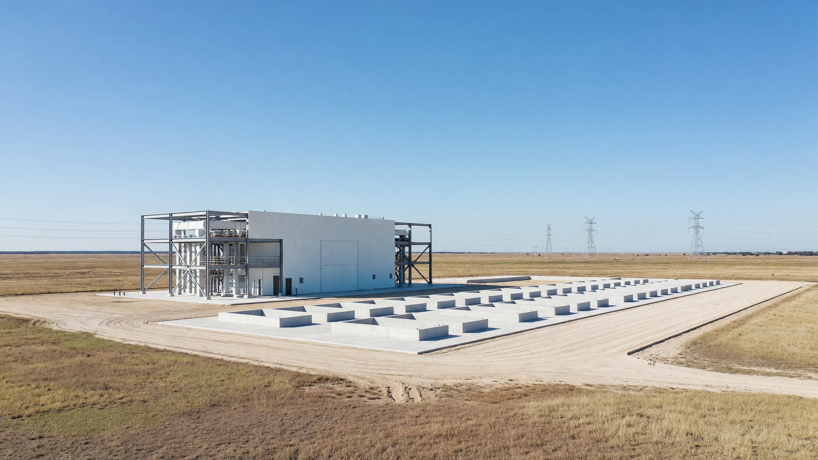 A gas turbine hall under construction beside graded pads reserved for future small modular reactors in Texas, representing Blue Energy and GE Vernova Hitachi's 2.5 GW gas-plus-nuclear project. Illustration: NNN