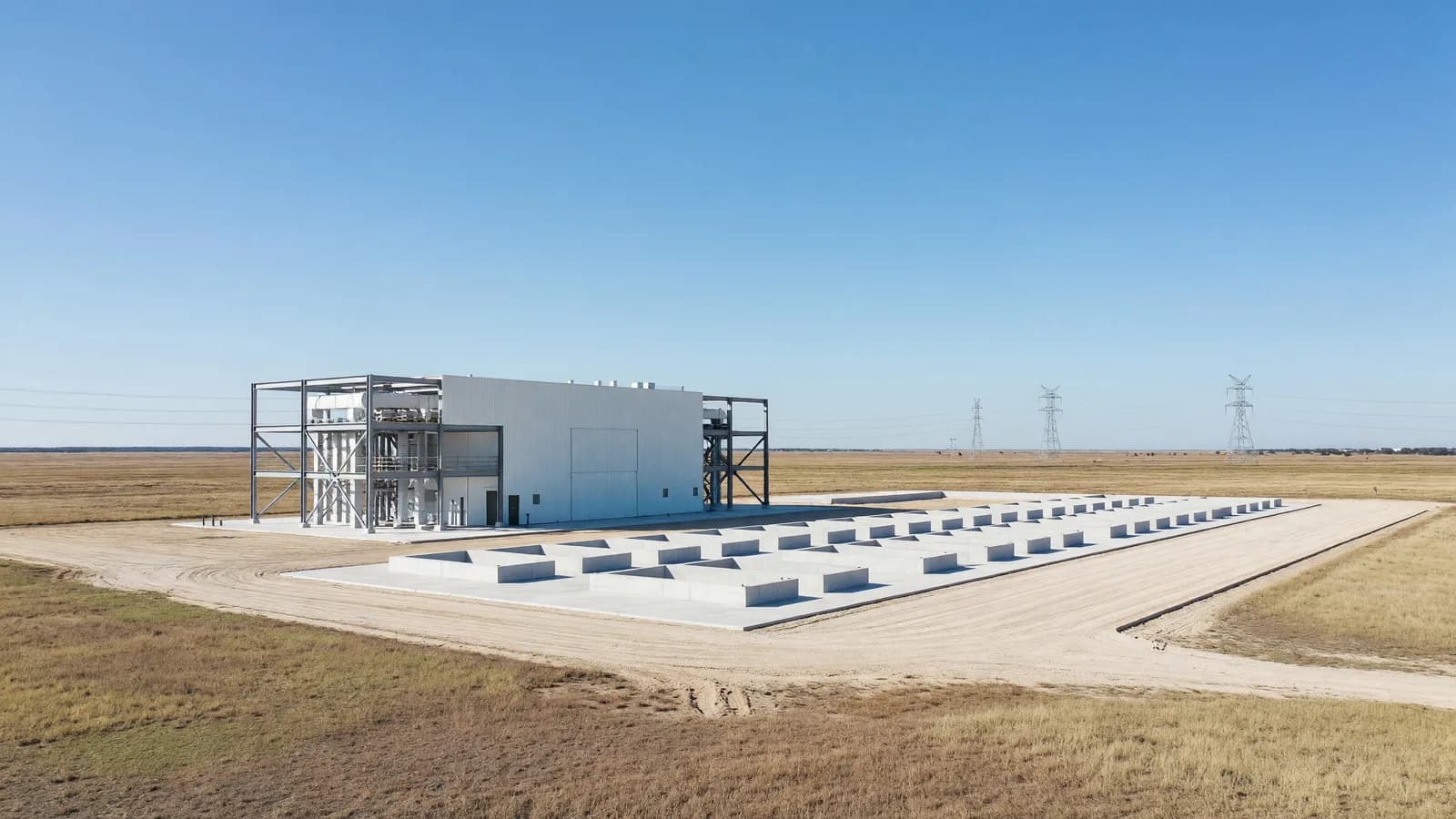 A gas turbine hall under construction beside graded pads reserved for future small modular reactors in Texas, representing Blue Energy and GE Vernova Hitachi's 2.5 GW gas-plus-nuclear project. Illustration: NNN