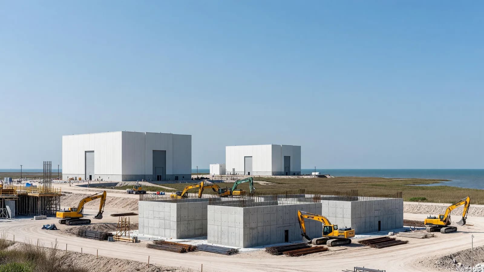 Early construction at Blue Energy's gas-to-nuclear plant site at the Port of Victoria, Texas, where gas turbine halls rise first and BWRX-300 SMR foundations are being dug. Illustration: NNN