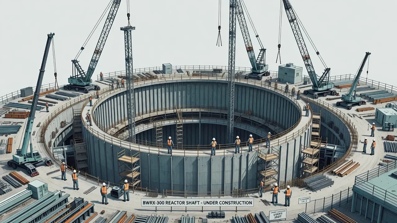 The excavated circular reactor building shaft at a BWRX-300 construction site, cranes and workers for scale. Illustration: NNN