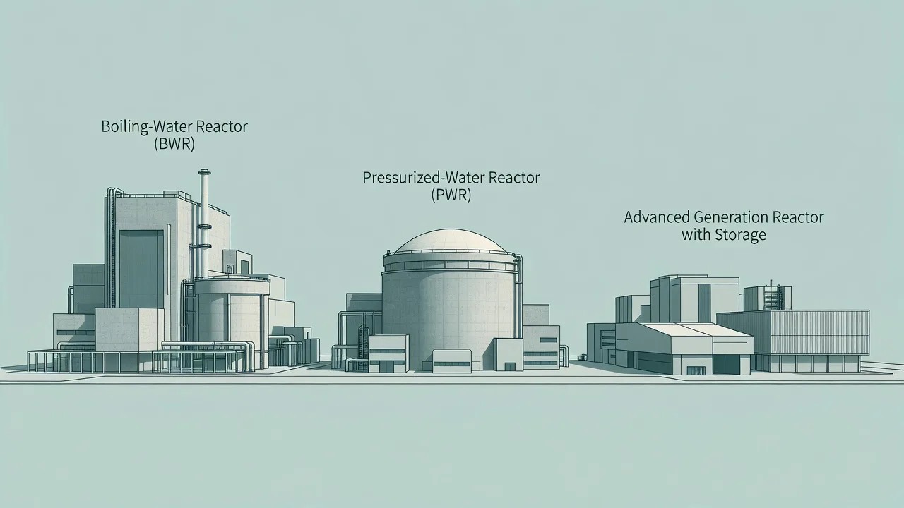 Three reactor buildings side by side — a boiling-water design, a domed pressurized-water containment, and a storage-flanked advanced plant. Illustration: NNN